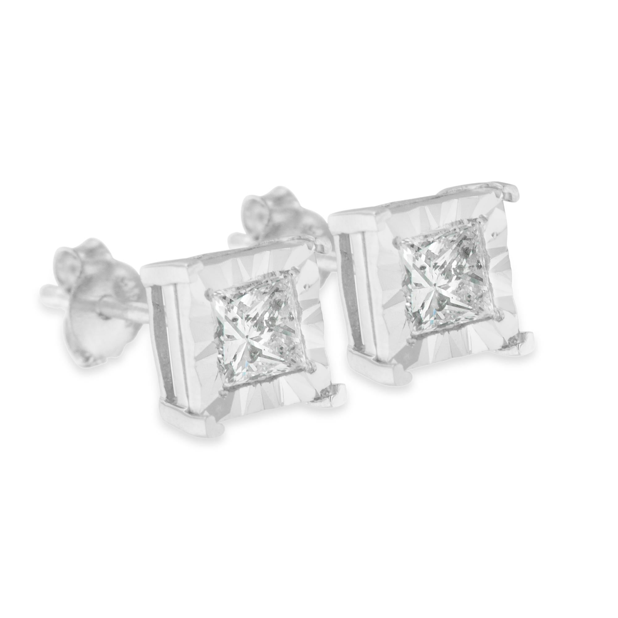 .925 Sterling Silver 1.0 Carat Miracle Set Diamond Solitaire Stud Earrings In New Condition For Sale In New York, NY