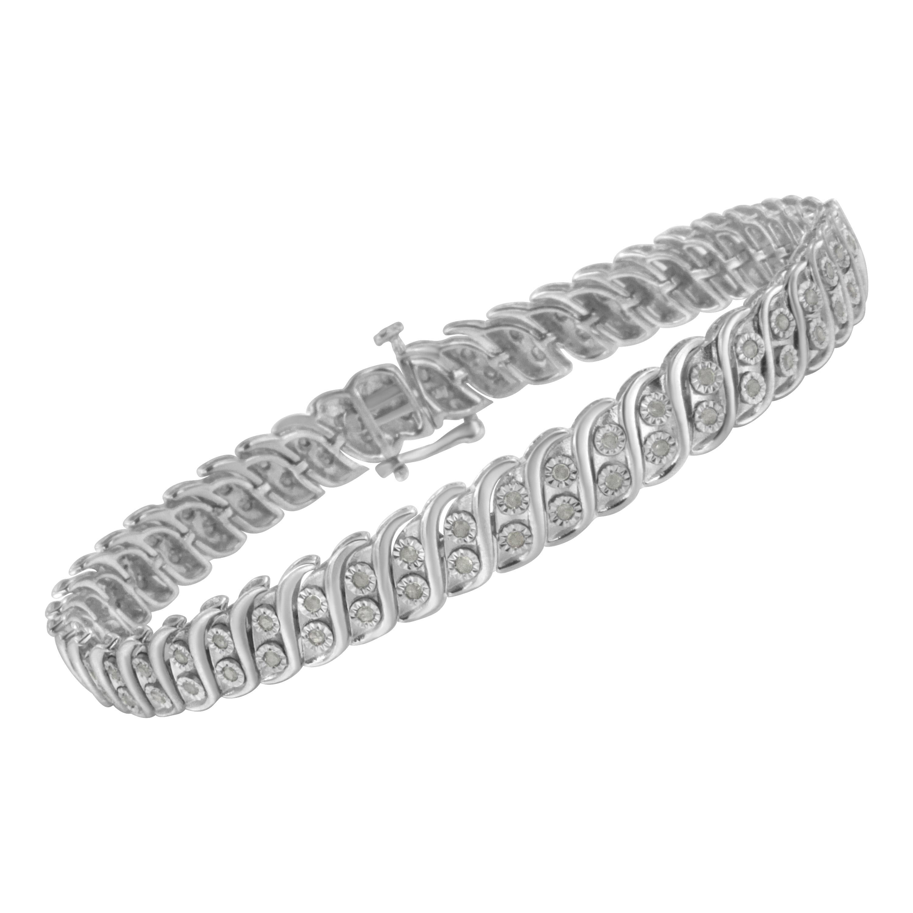 Contemporary .925 Sterling Silver 1.0 Carat Miracle Set Diamond Two Row S Link Bracelet