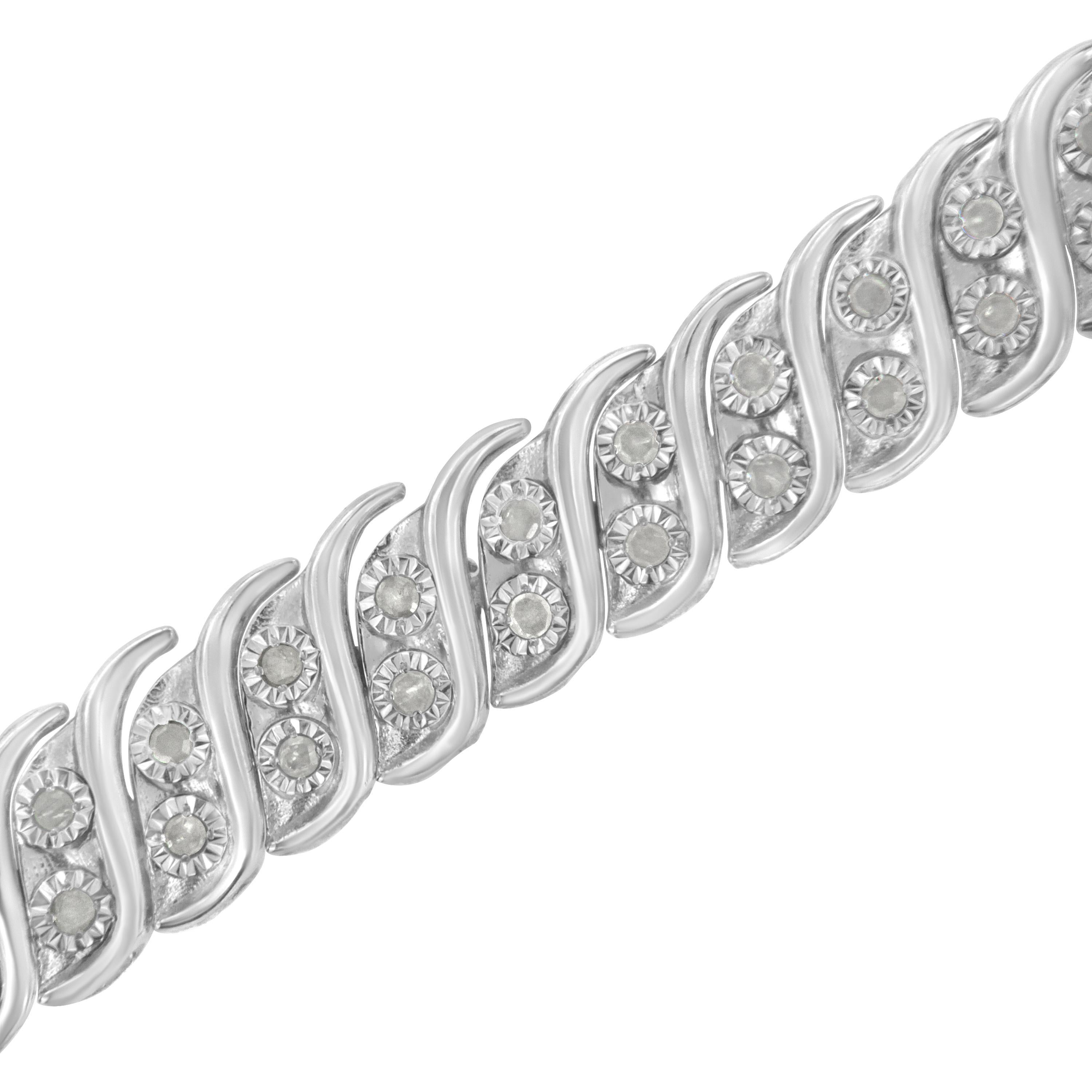 Round Cut .925 Sterling Silver 1.0 Carat Miracle Set Diamond Two Row S Link Bracelet