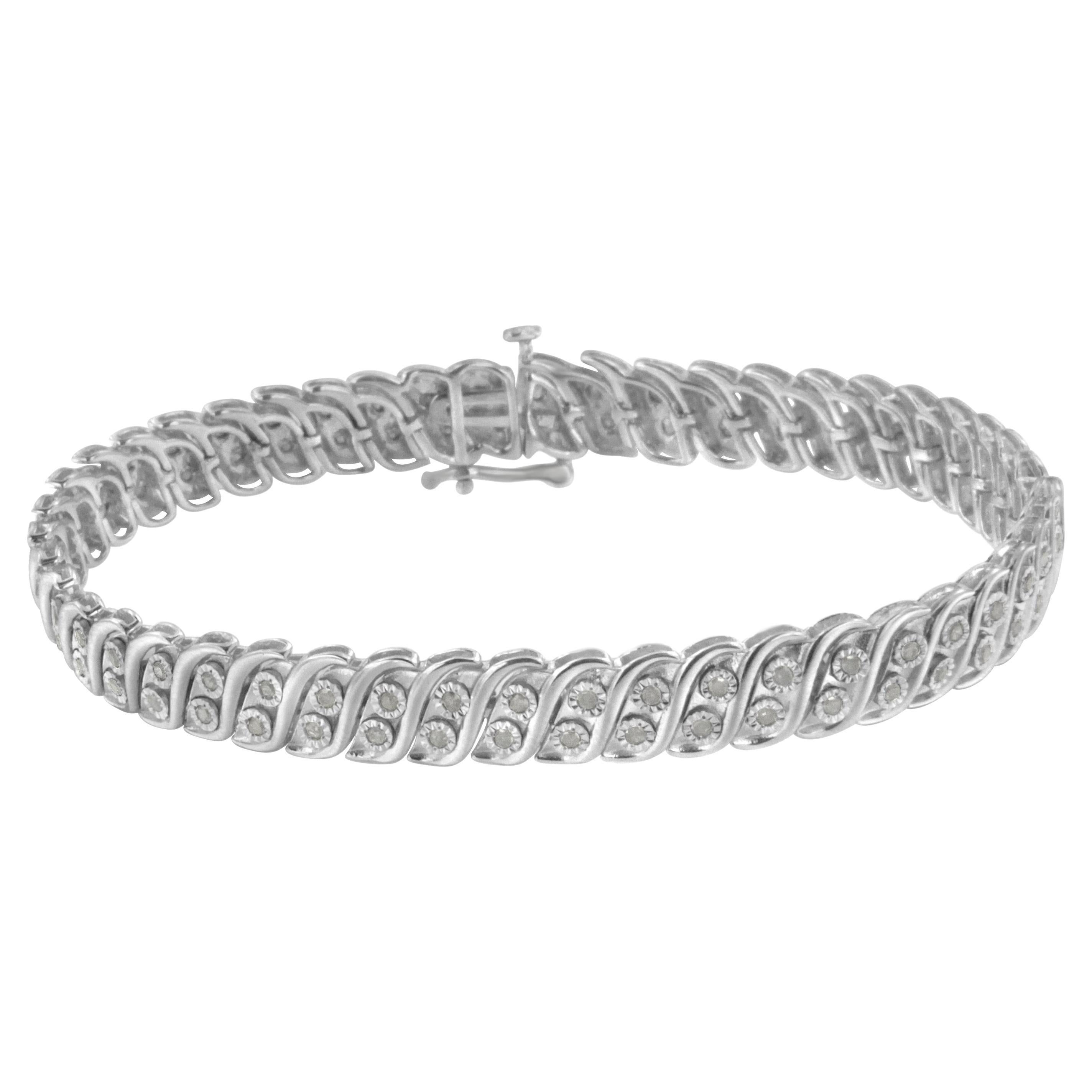 .925 Sterling Silver 1.0 Carat Miracle Set Diamond Two Row S Link Bracelet