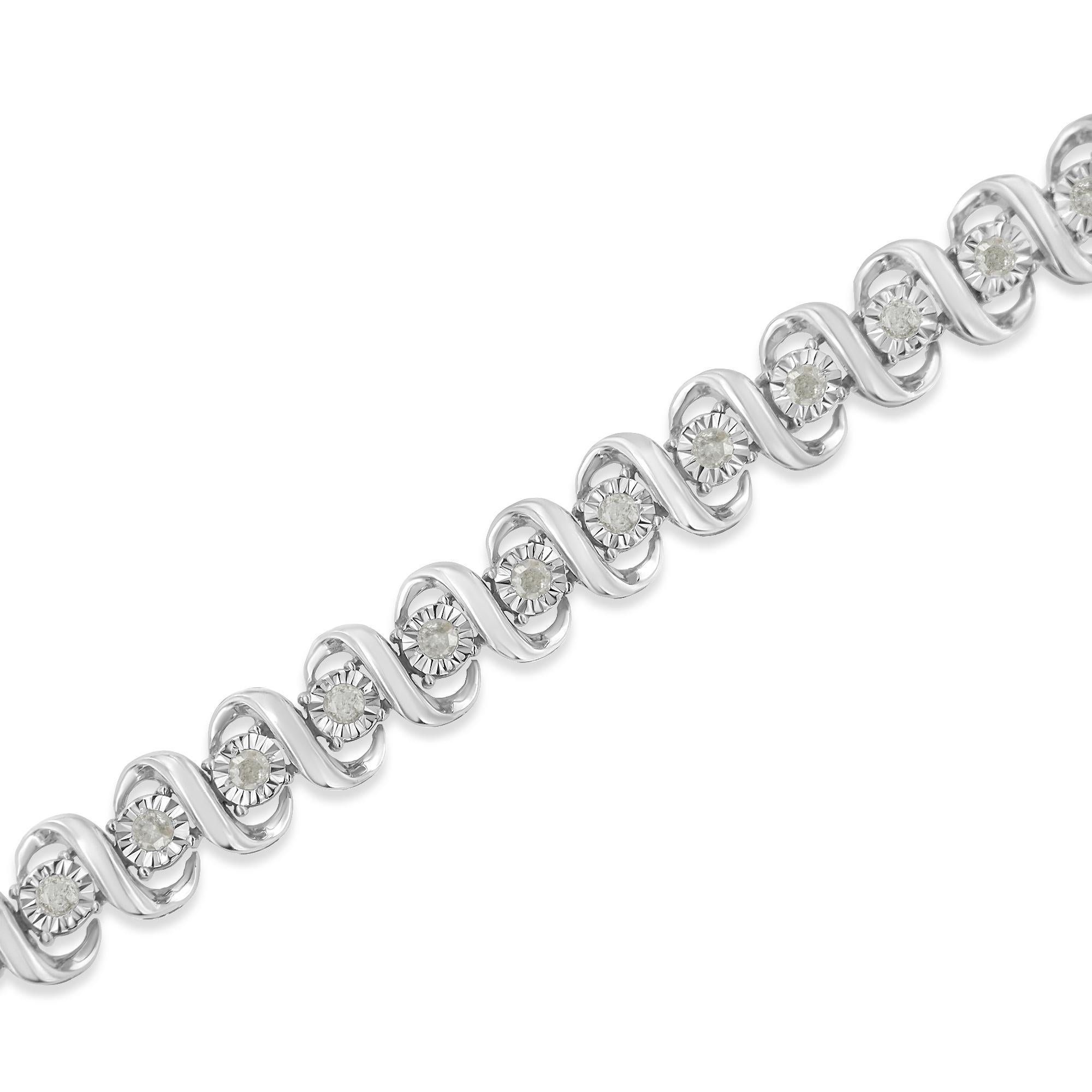 Contemporary .925 Sterling Silver 1.0 Carat Miracle-Set Round Diamond S-Link Tennis Bracelet For Sale