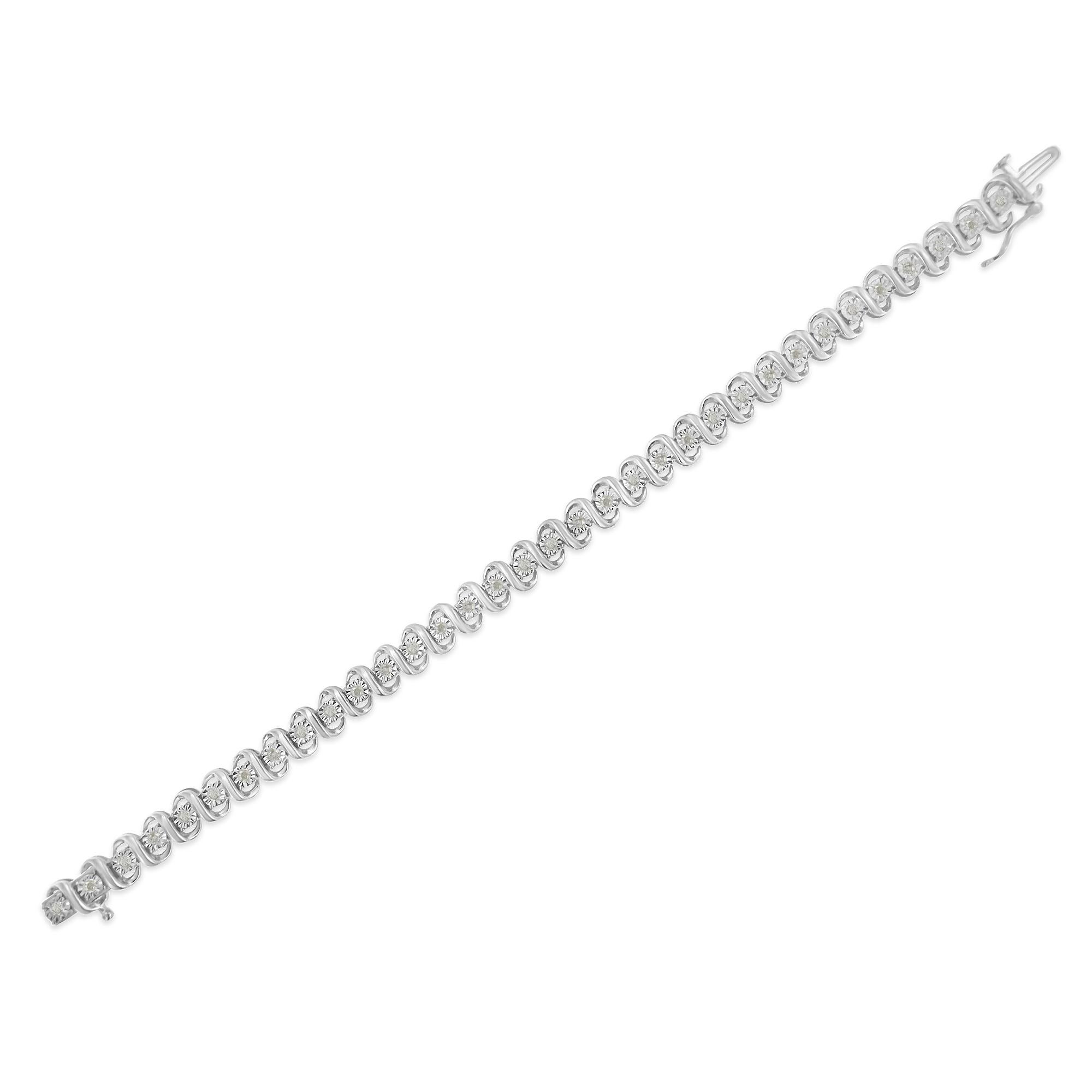 Round Cut .925 Sterling Silver 1.0 Carat Miracle-Set Round Diamond S-Link Tennis Bracelet For Sale