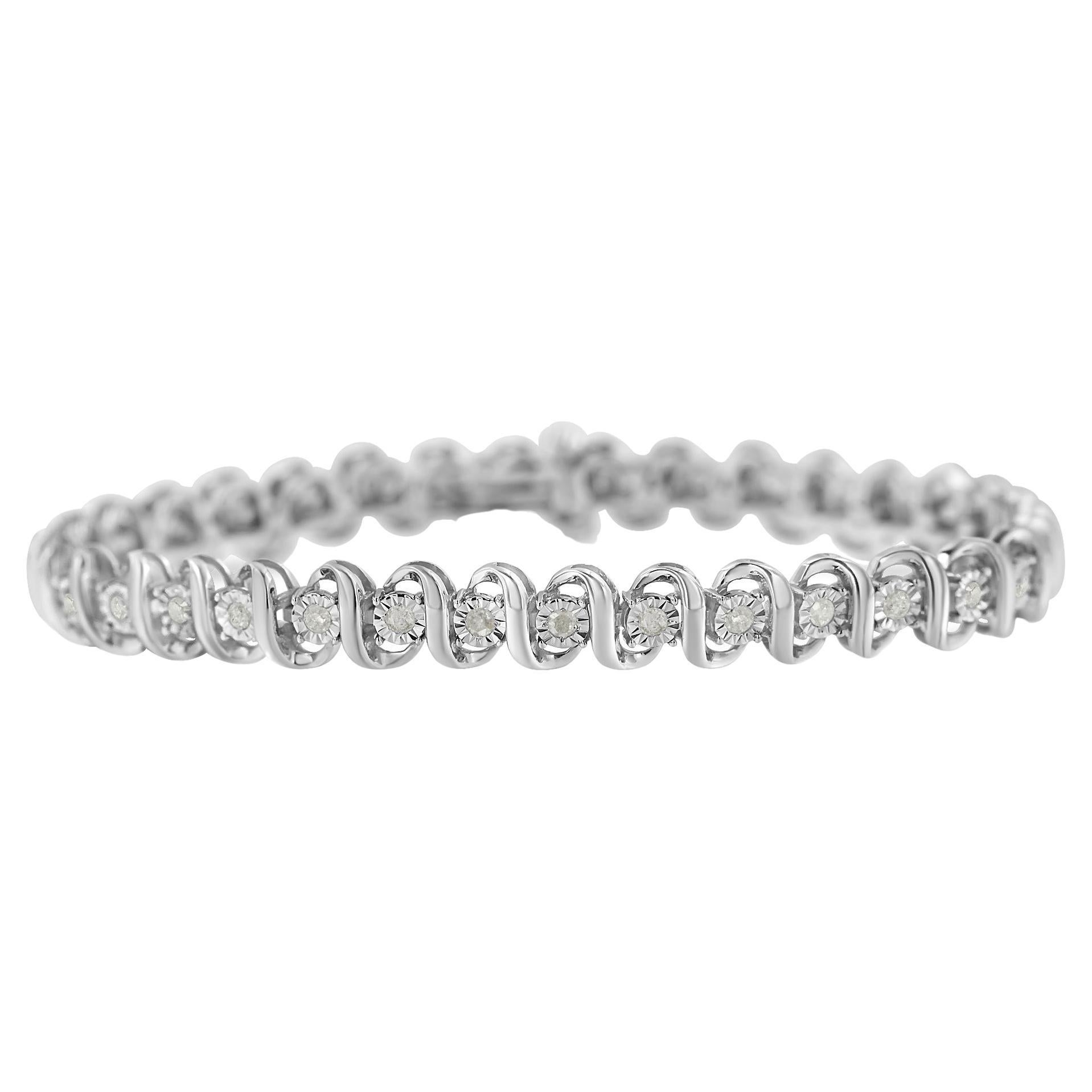.925 Sterling Silver 1.0 Carat Miracle-Set Round Diamond S-Link Tennis Bracelet For Sale