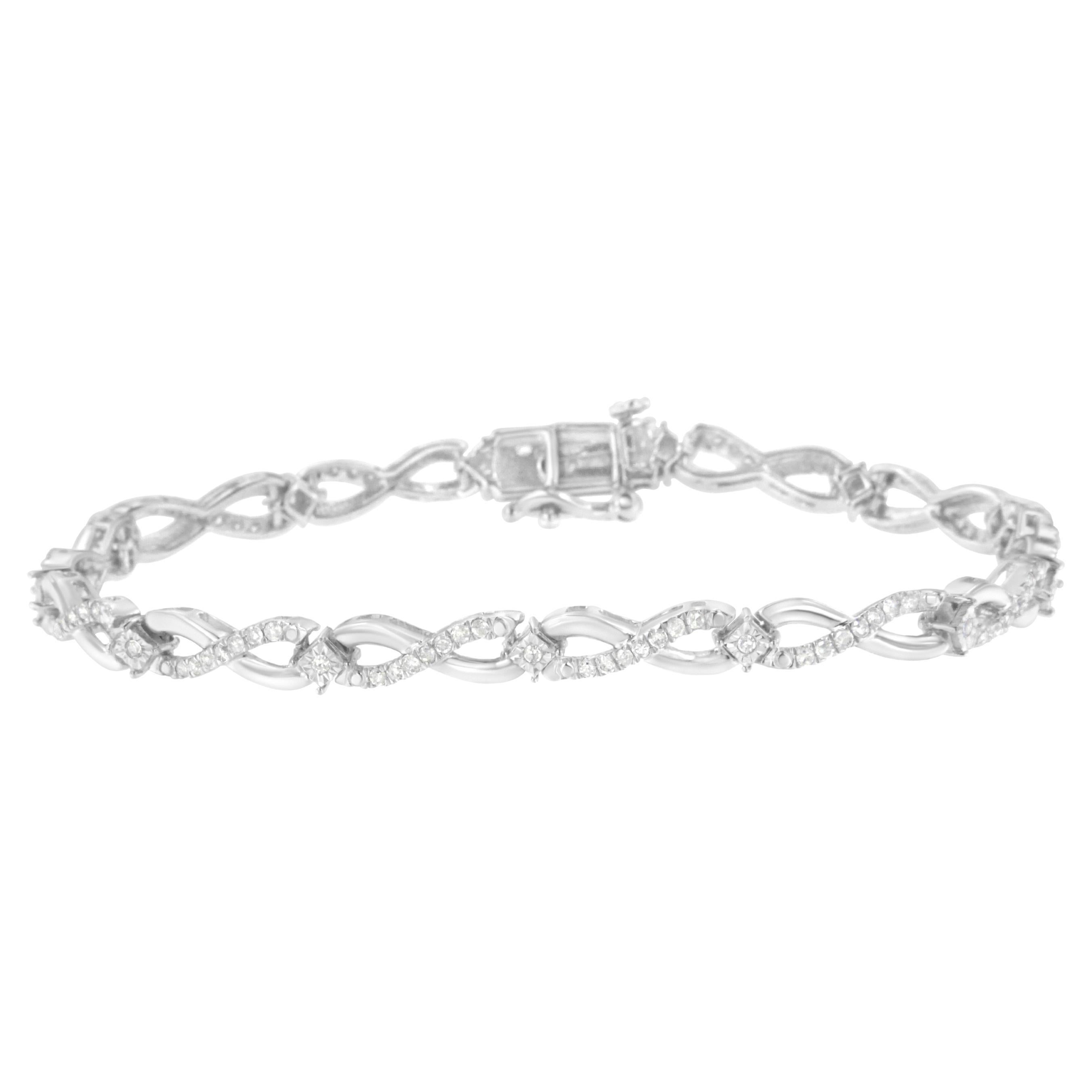 .925 Sterling Silver 1.0 Carat Prong Set Diamond Infinity Link Bracelet For Sale