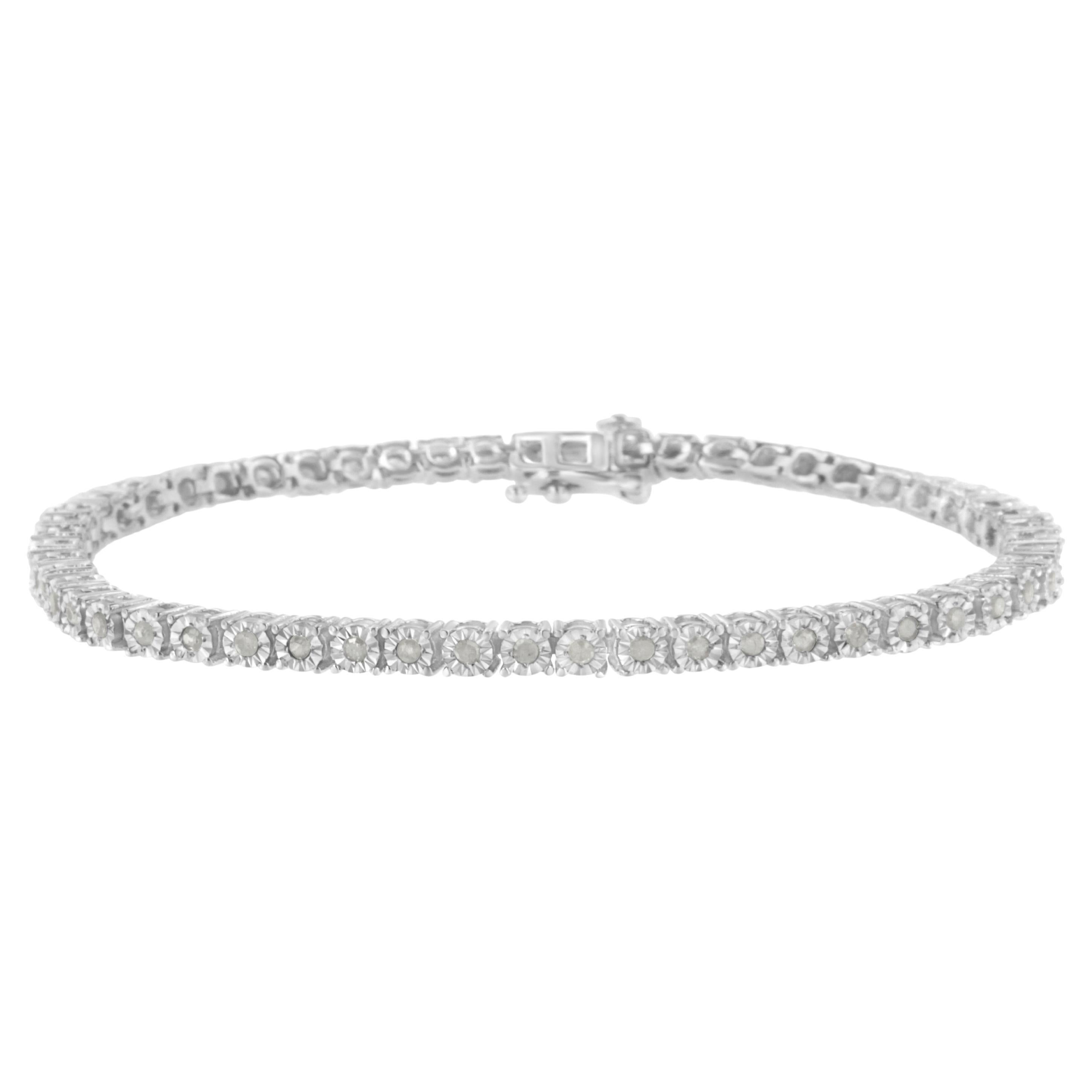 .925 Sterling Silver 1.0 Carat Rose-Cut Double-Link Diamond Tennis Bracelet For Sale