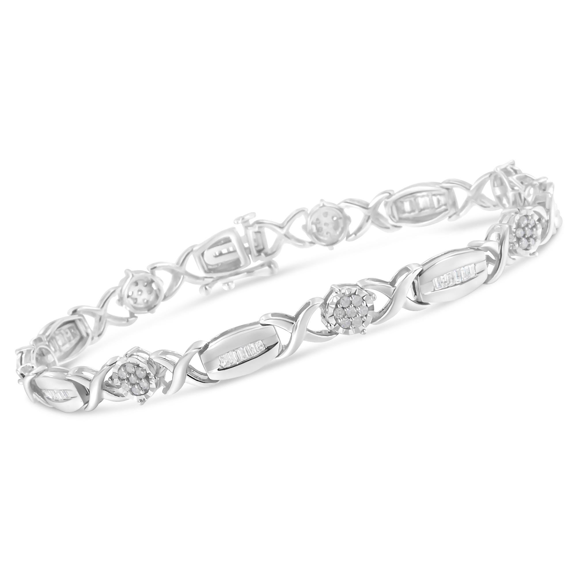 Contemporary .925 Sterling Silver 1.0 Carat Round and Baguette-Cut Diamond X-Link Bracelet For Sale