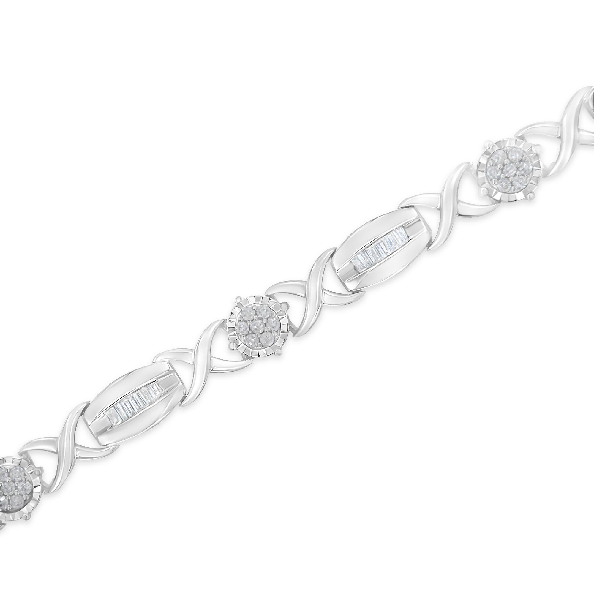 .925 Sterling Silver 1.0 Carat Round and Baguette-Cut Diamond X-Link Bracelet In New Condition For Sale In New York, NY