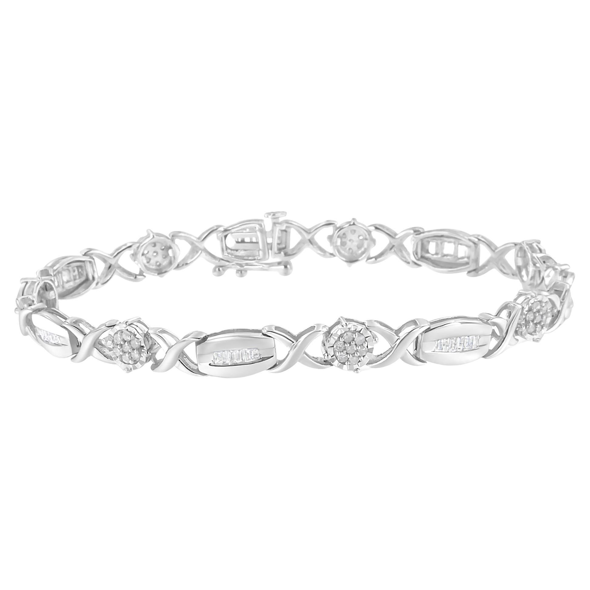 Bracelet à maillons en argent sterling avec diamants ronds et baguettes de 1,0 carat de .925 en vente