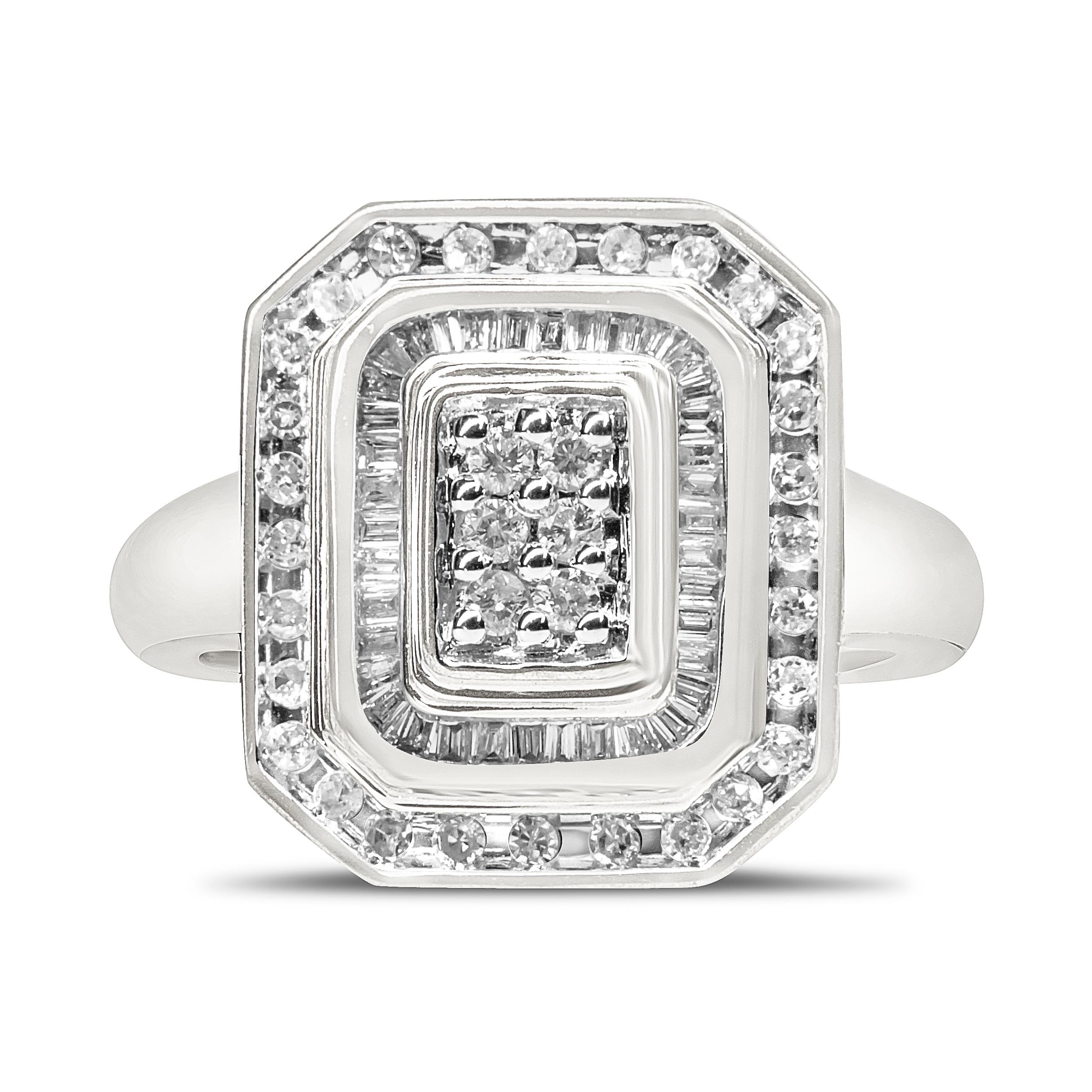 .925 Sterling Silver 1.0 Carat Round & Baguette Diamond Cocktail Ring 2