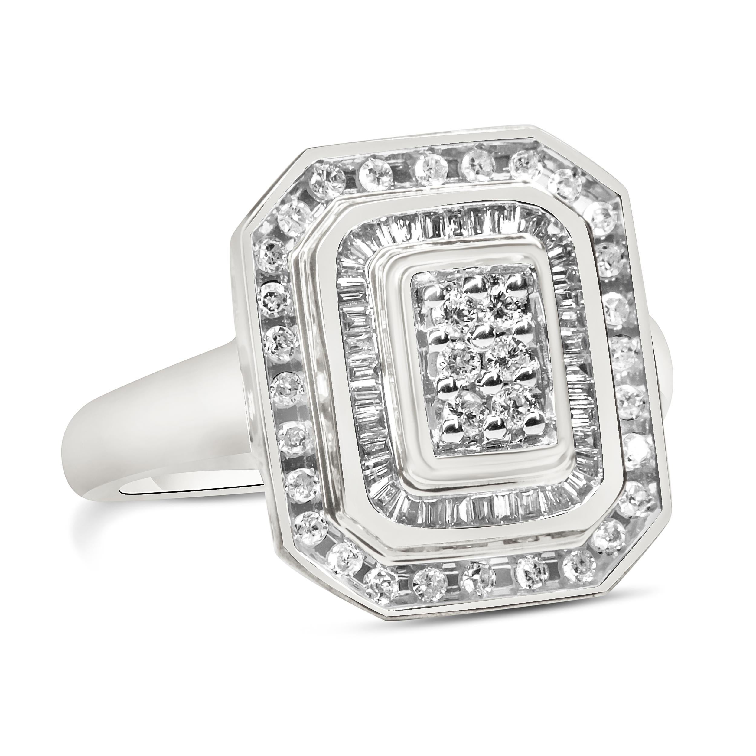 .925 Sterling Silver 1.0 Carat Round & Baguette Diamond Cocktail Ring 3