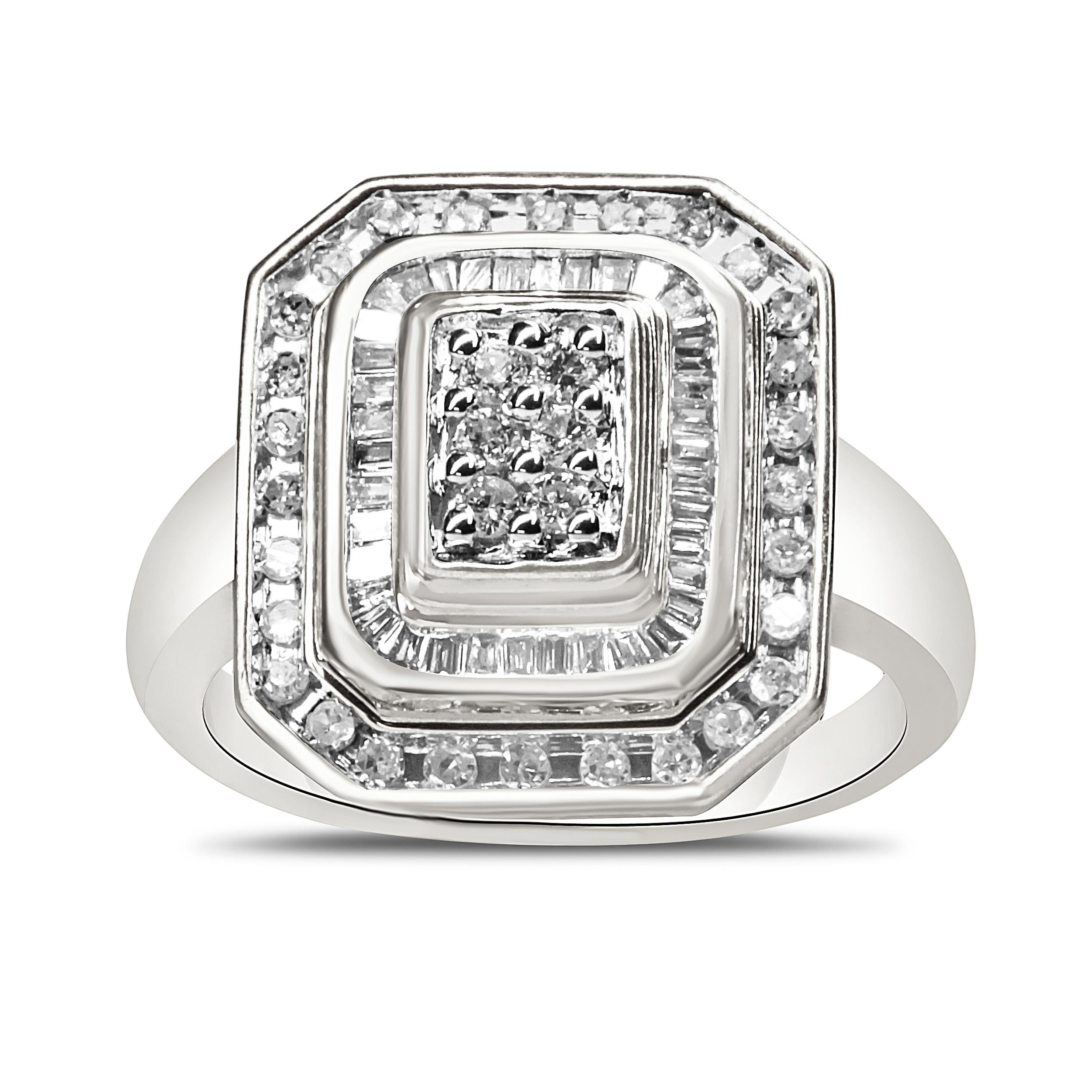 .925 Sterling Silver 1.0 Carat Round & Baguette Diamond Cocktail Ring 4