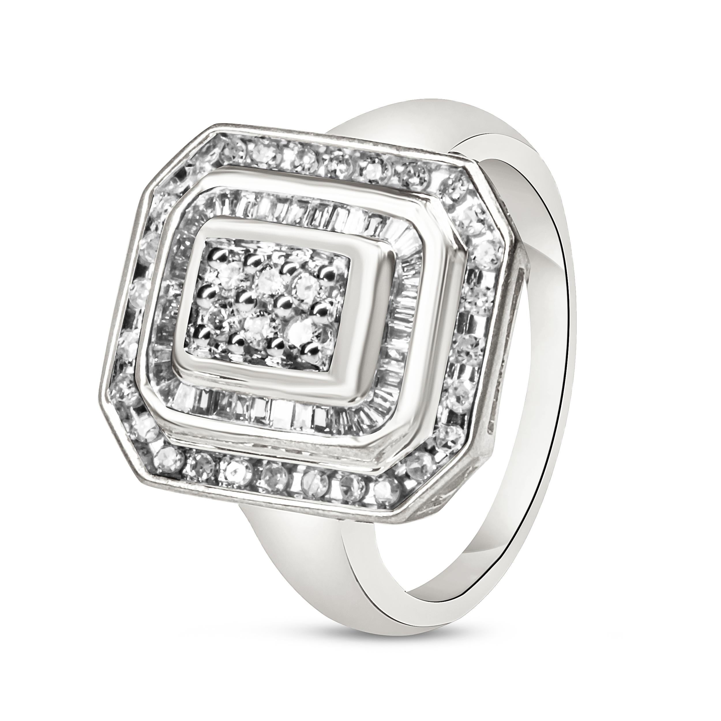 .925 Sterling Silver 1.0 Carat Round & Baguette Diamond Cocktail Ring 5
