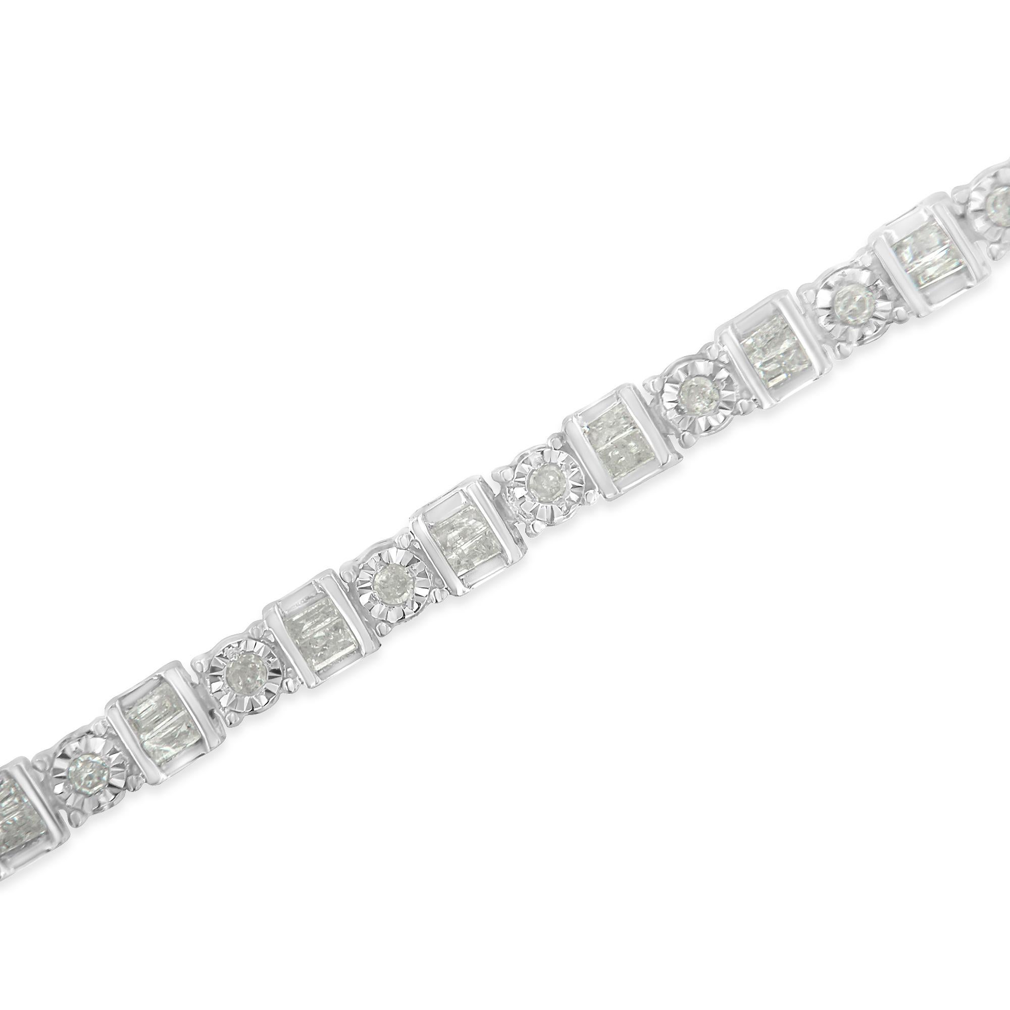 Contemporary .925 Sterling Silver 1.0 Carat Round & Baguette Diamond Station Tennis Bracelet  For Sale