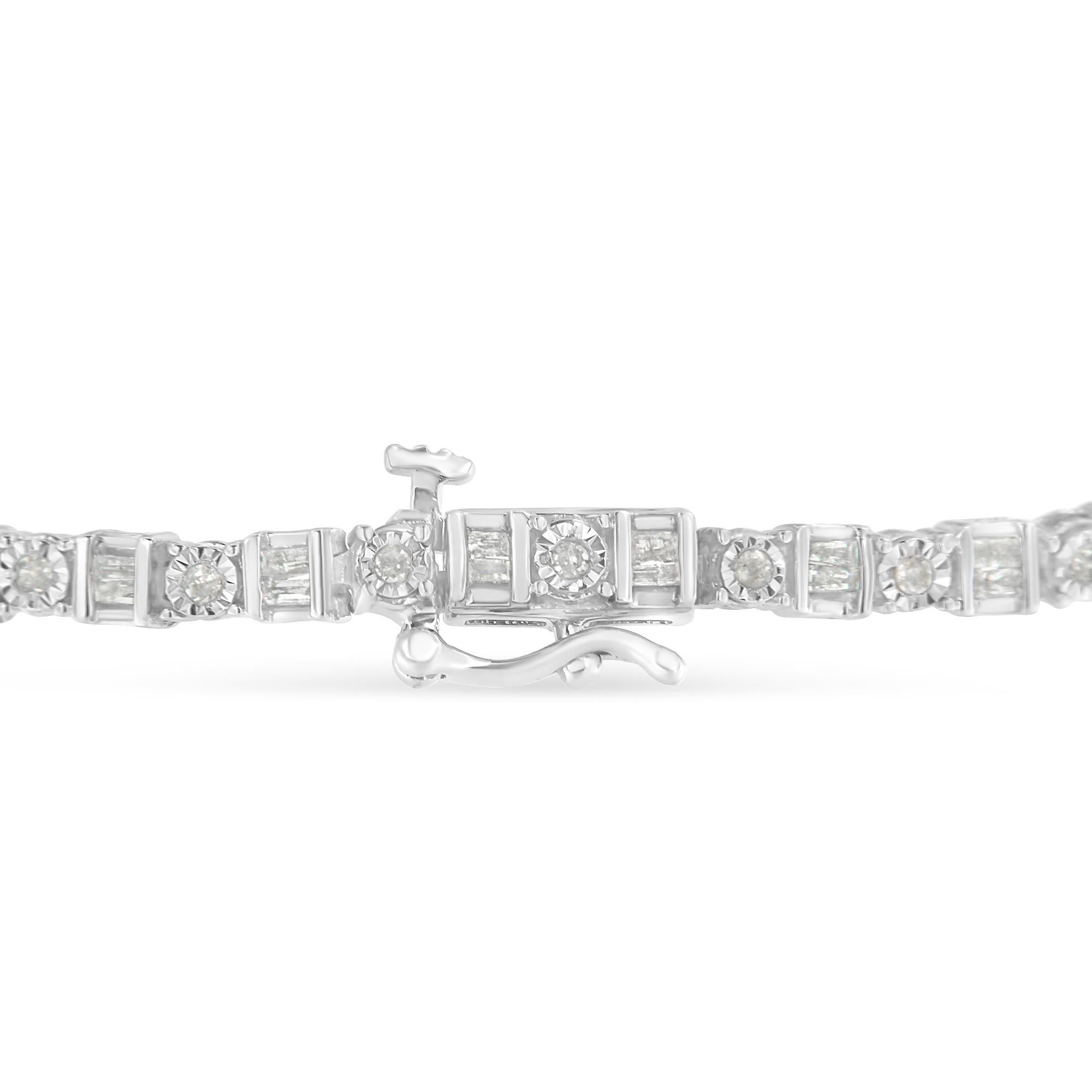 .925 Sterling Silver 1.0 Carat Round & Baguette Diamond Station Tennis Bracelet  In New Condition For Sale In New York, NY