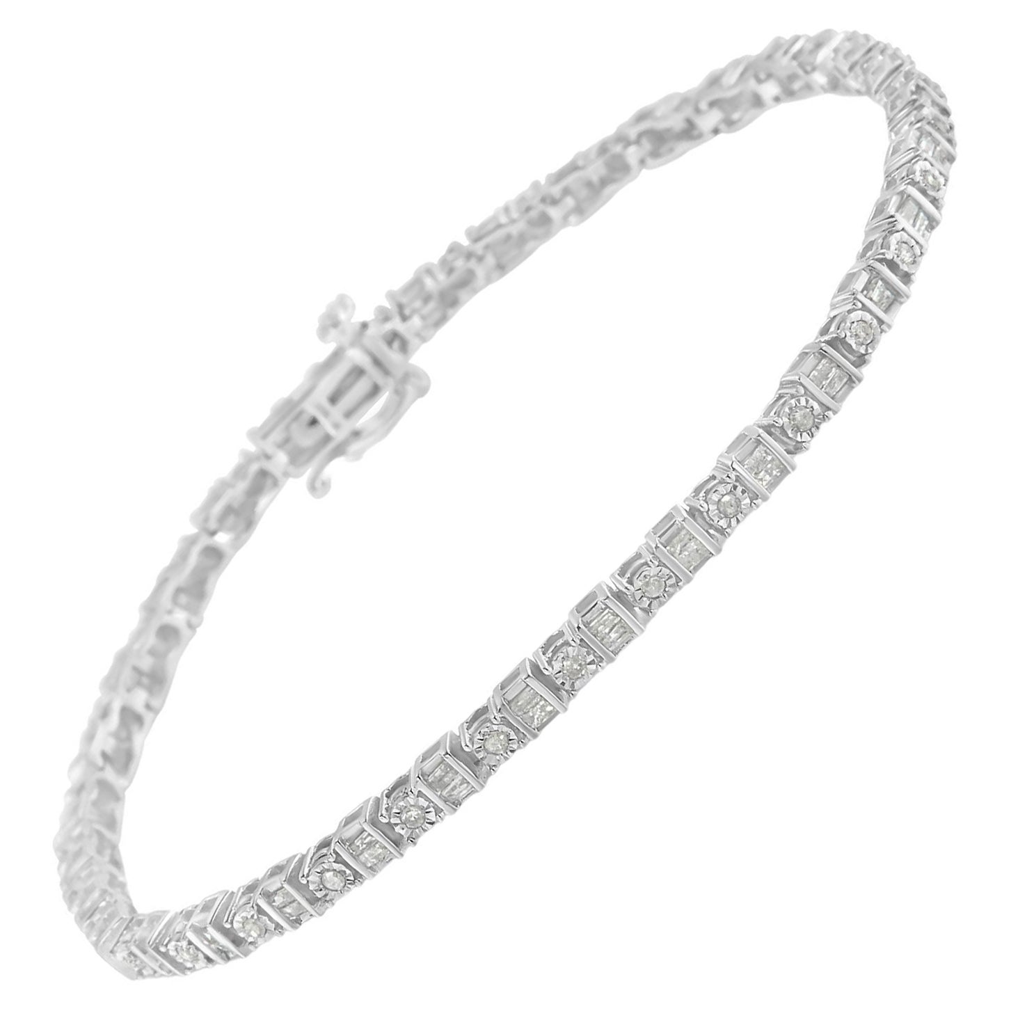 .925 Bracciale tennis in argento sterling da 1,0 carati con diamanti tondi e baguette