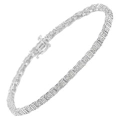 .925 Sterling Silver 1.0 Carat Round & Baguette Diamond Station Tennis Bracelet