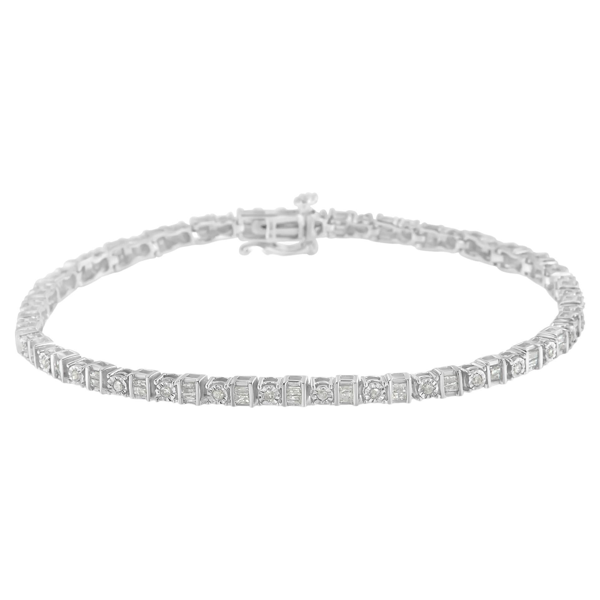 Bracelet tennis station en argent sterling avec diamants ronds et baguettes de 1,0 carat de .925  en vente