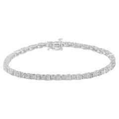 .925 Sterling Silver 1.0 Carat Round & Baguette Diamond Station Tennis Bracelet 