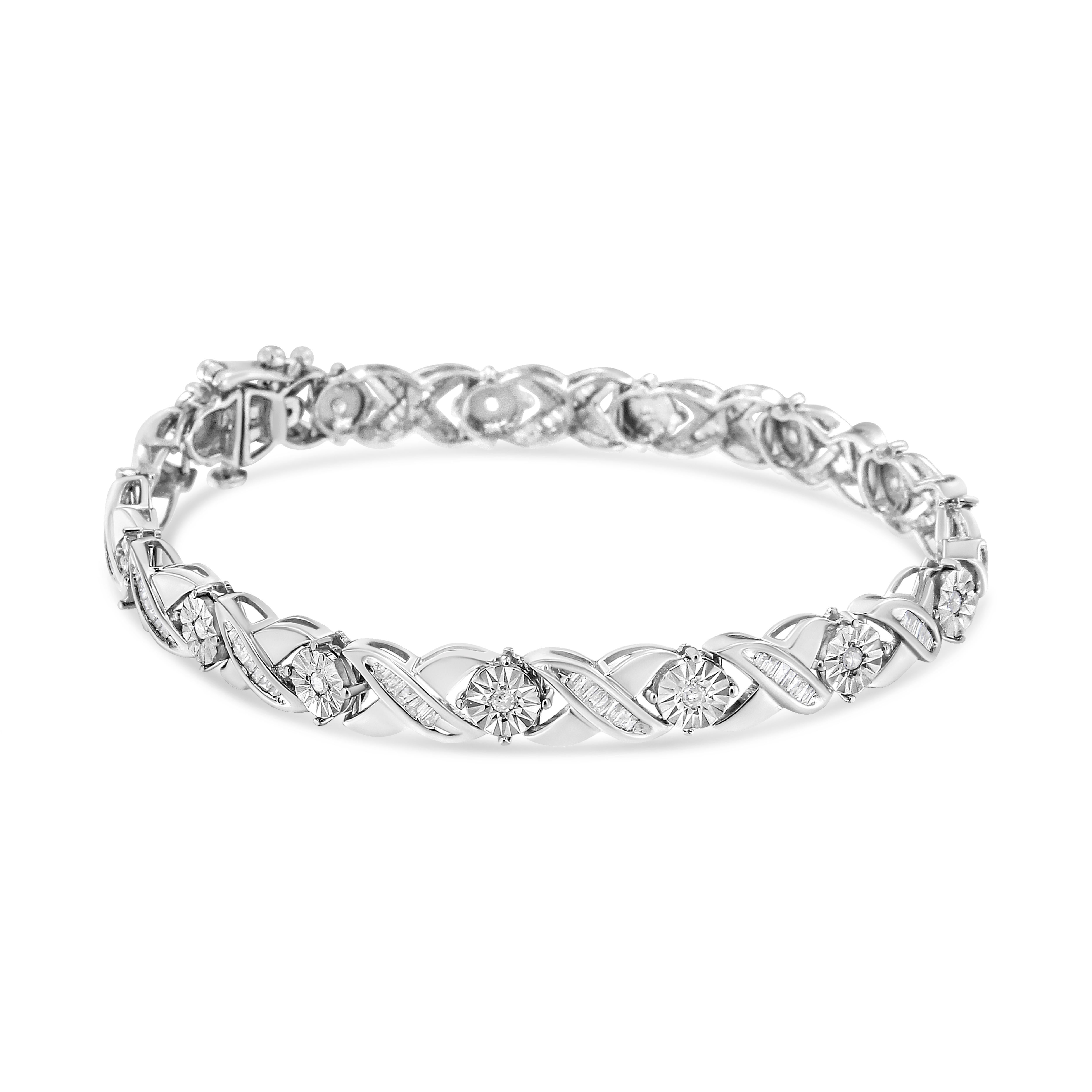 Elegant and timeless, this gorgeous sterling silver link bracelet features 1.08 carat total weight of round-brilliant and baguette cut diamonds with 120 stones in all. The tennis bracelet has round stones in our unique miracle-plate setting, which