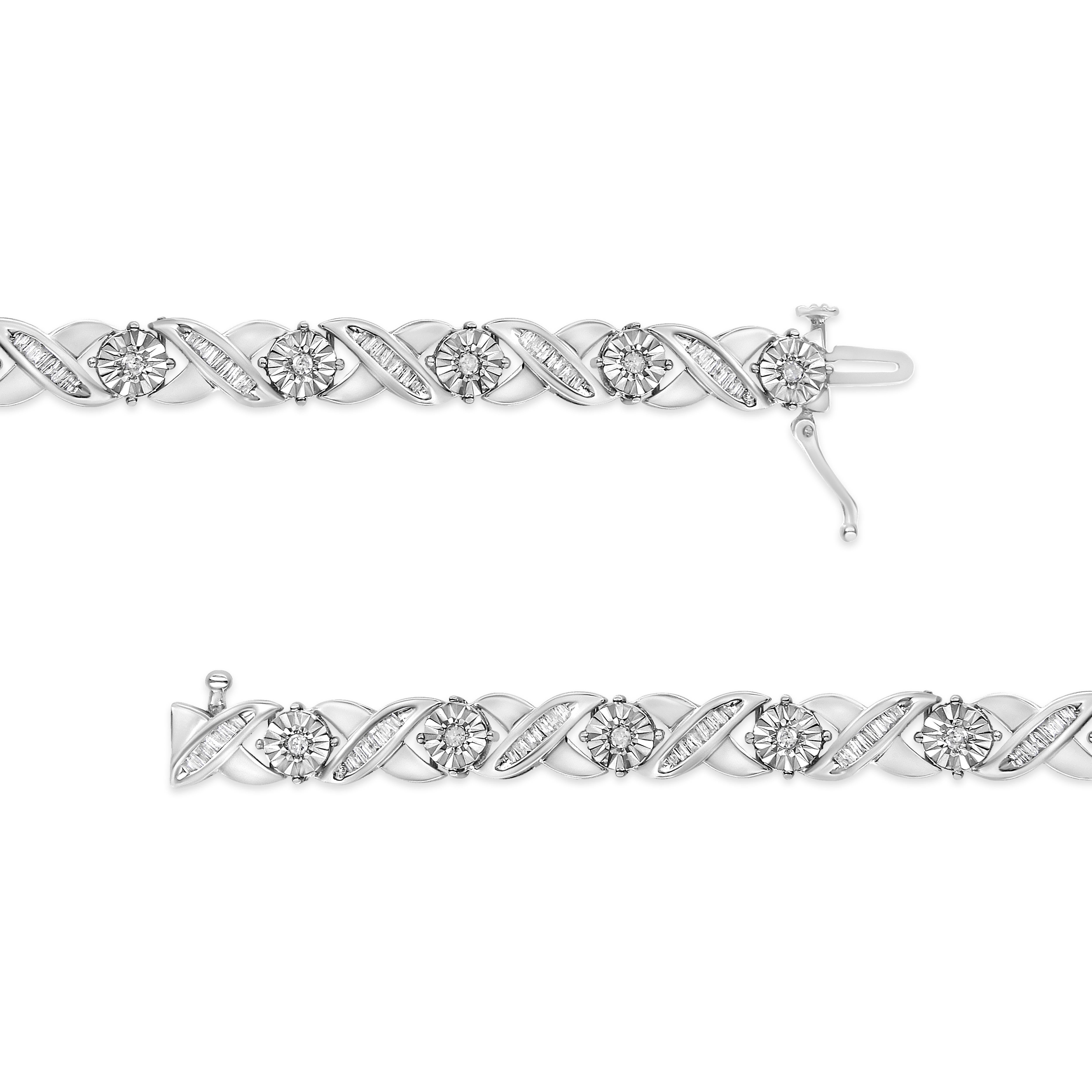 Contemporary .925 Sterling Silver 1.0 Carat Round & Baguette Diamond X-Link Tennis Bracelet For Sale