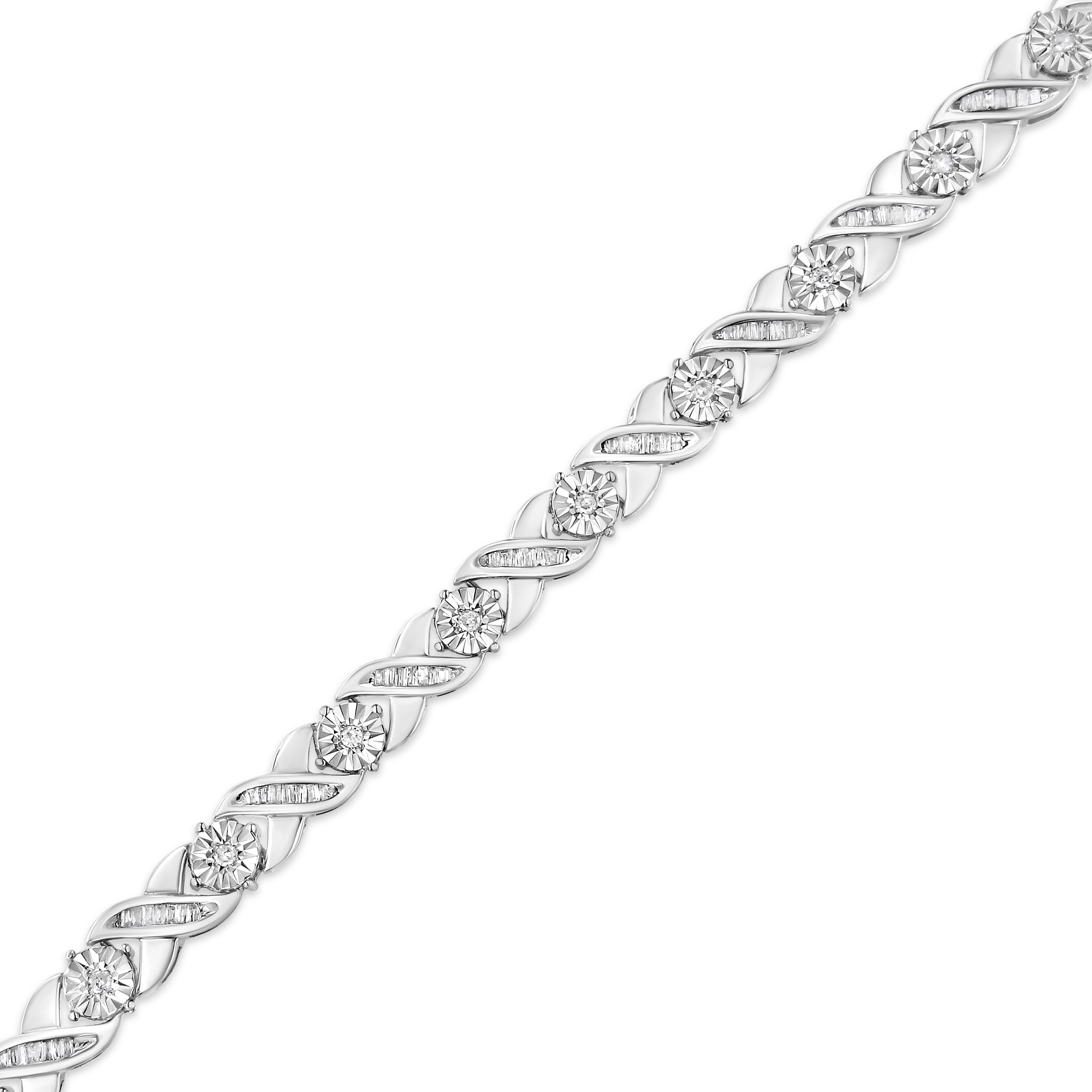 Round Cut .925 Sterling Silver 1.0 Carat Round & Baguette Diamond X-Link Tennis Bracelet For Sale