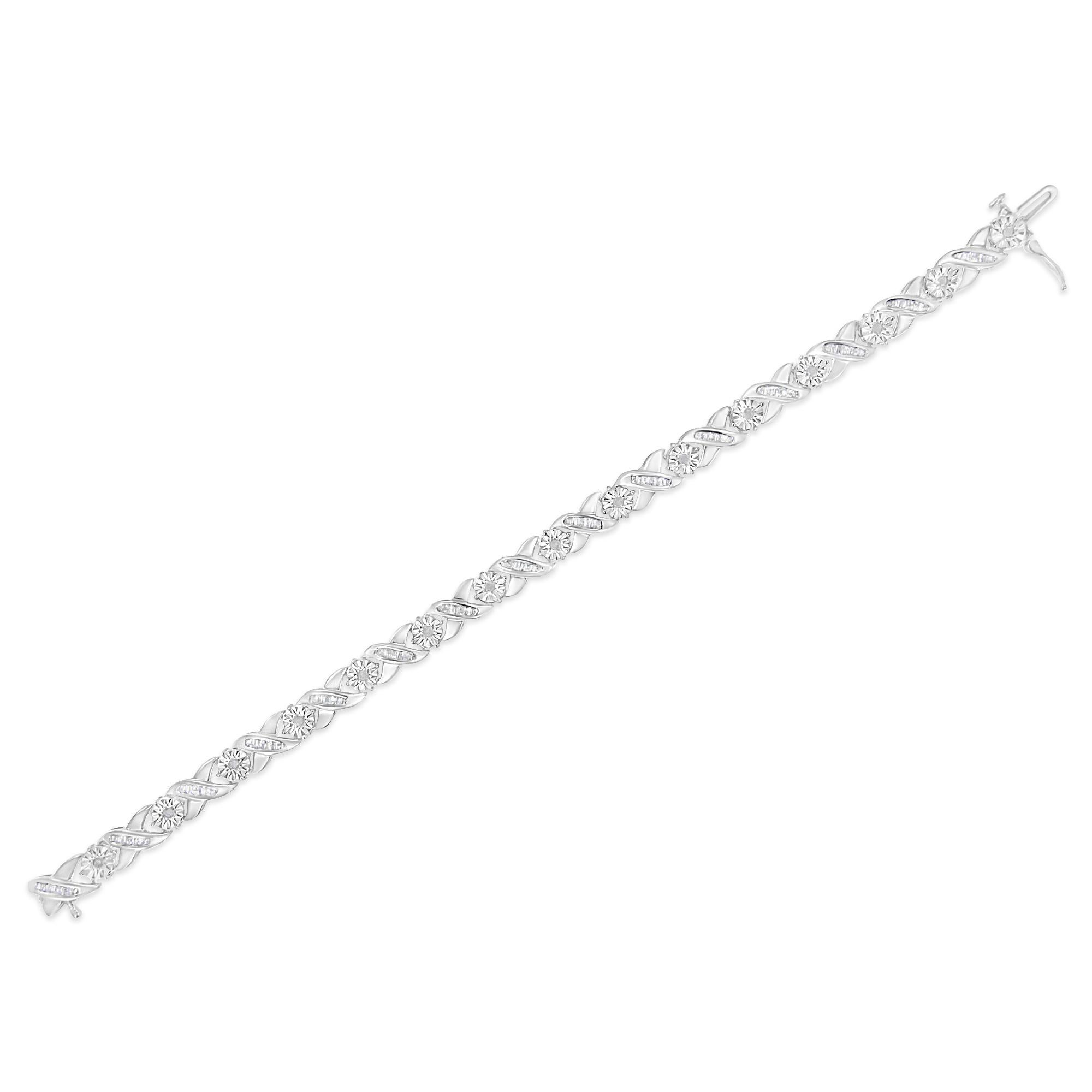 .925 Sterling Silver 1.0 Carat Round & Baguette Diamond X-Link Tennis Bracelet In New Condition For Sale In New York, NY