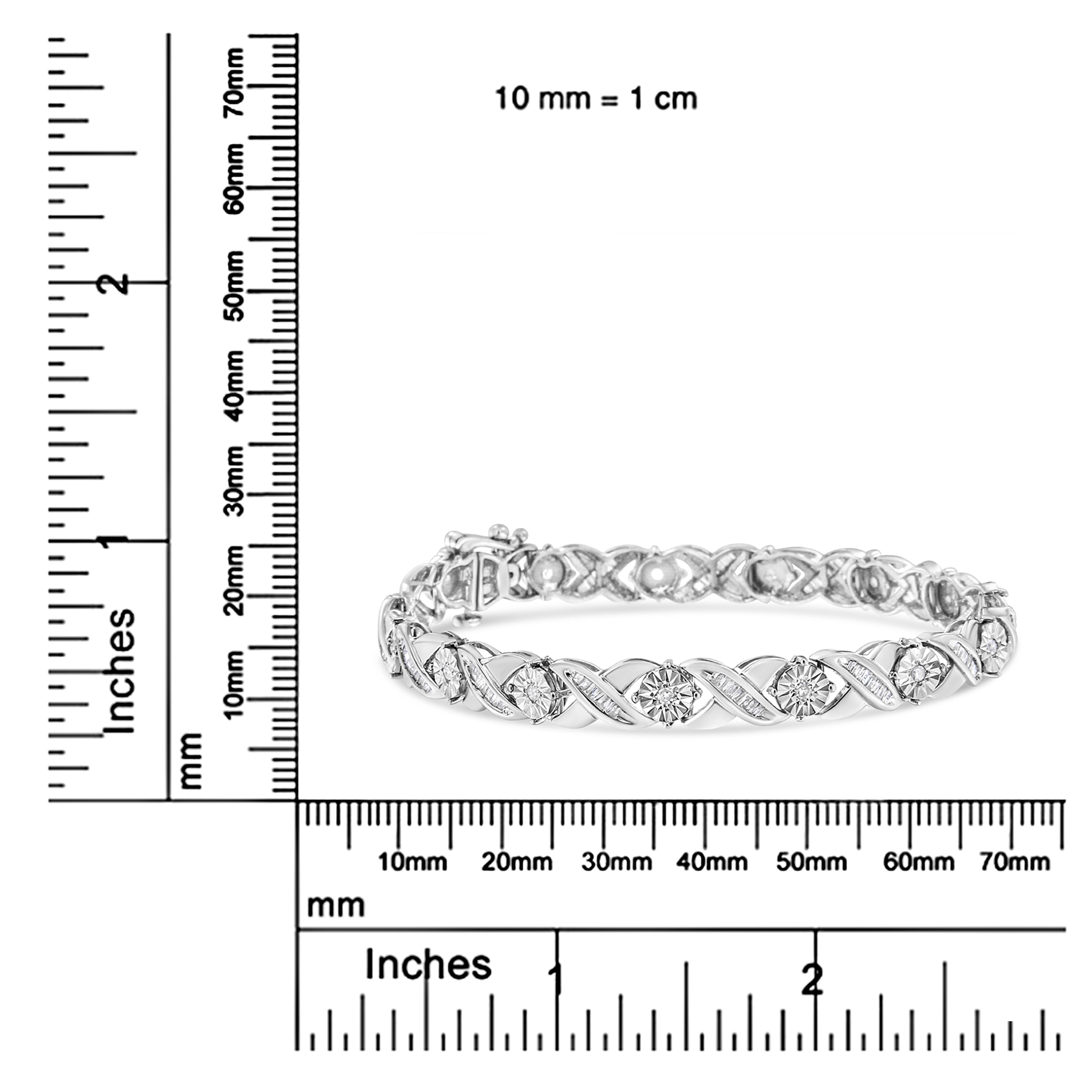 .925 Sterling Silver 1.0 Carat Round & Baguette Diamond X-Link Tennis Bracelet For Sale 1
