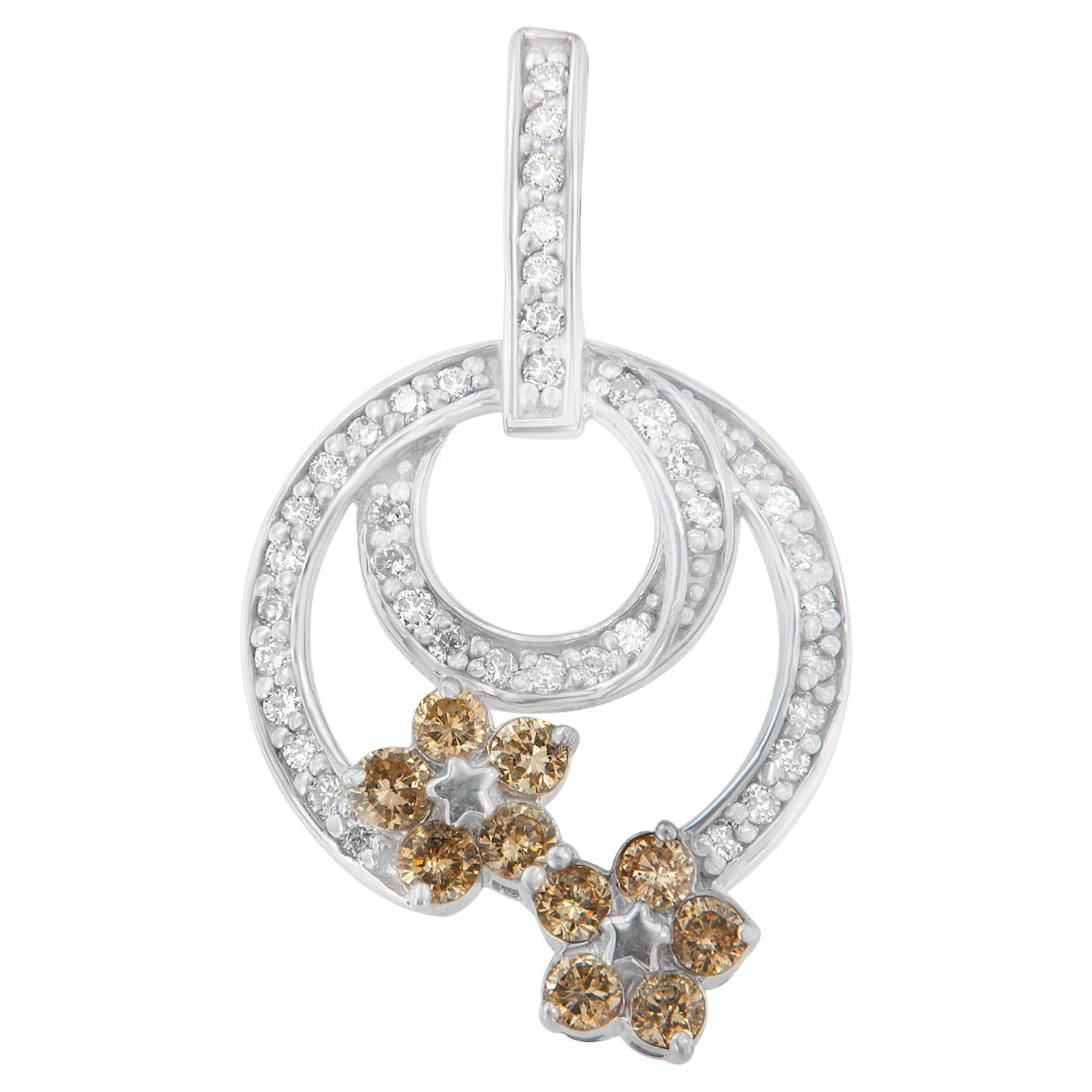 .925 Sterling Silver 1.0 Carat Round Cut Diamond Floral Garden Pendant Necklace For Sale