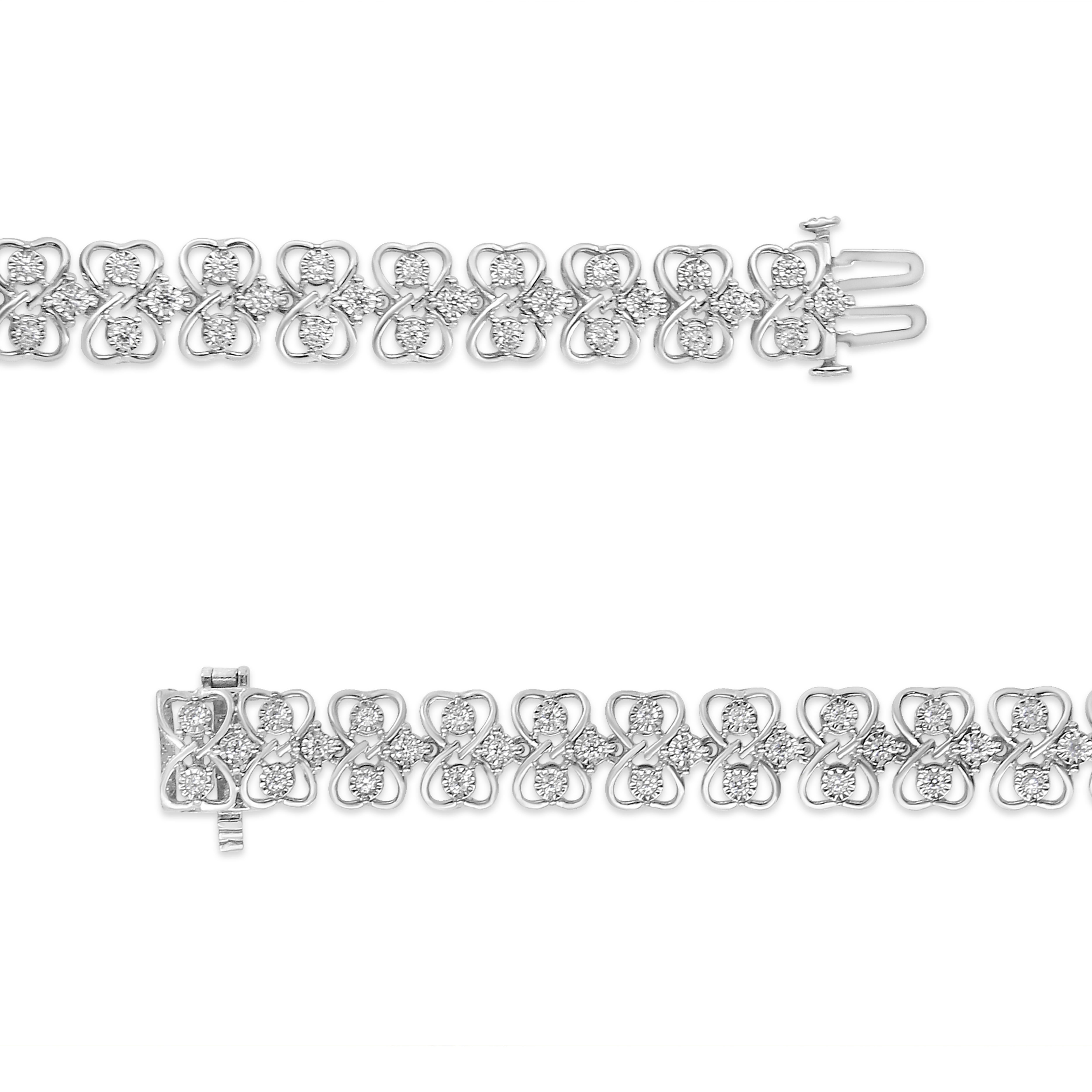 Contemporary .925 Sterling Silver 1.0 Carat Round Diamond 2-Row Heart Link Tennis Bracelet For Sale