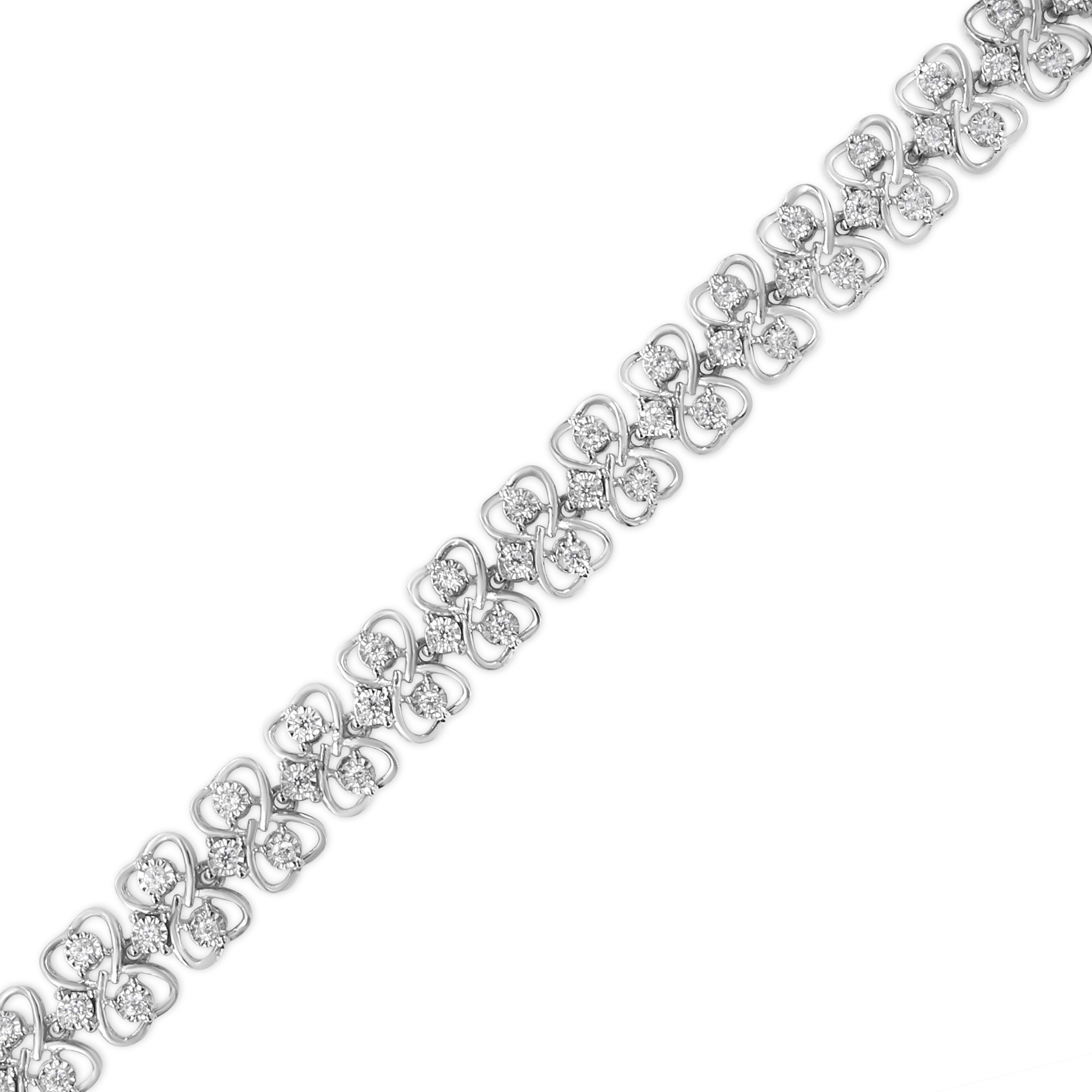 Round Cut .925 Sterling Silver 1.0 Carat Round Diamond 2-Row Heart Link Tennis Bracelet For Sale