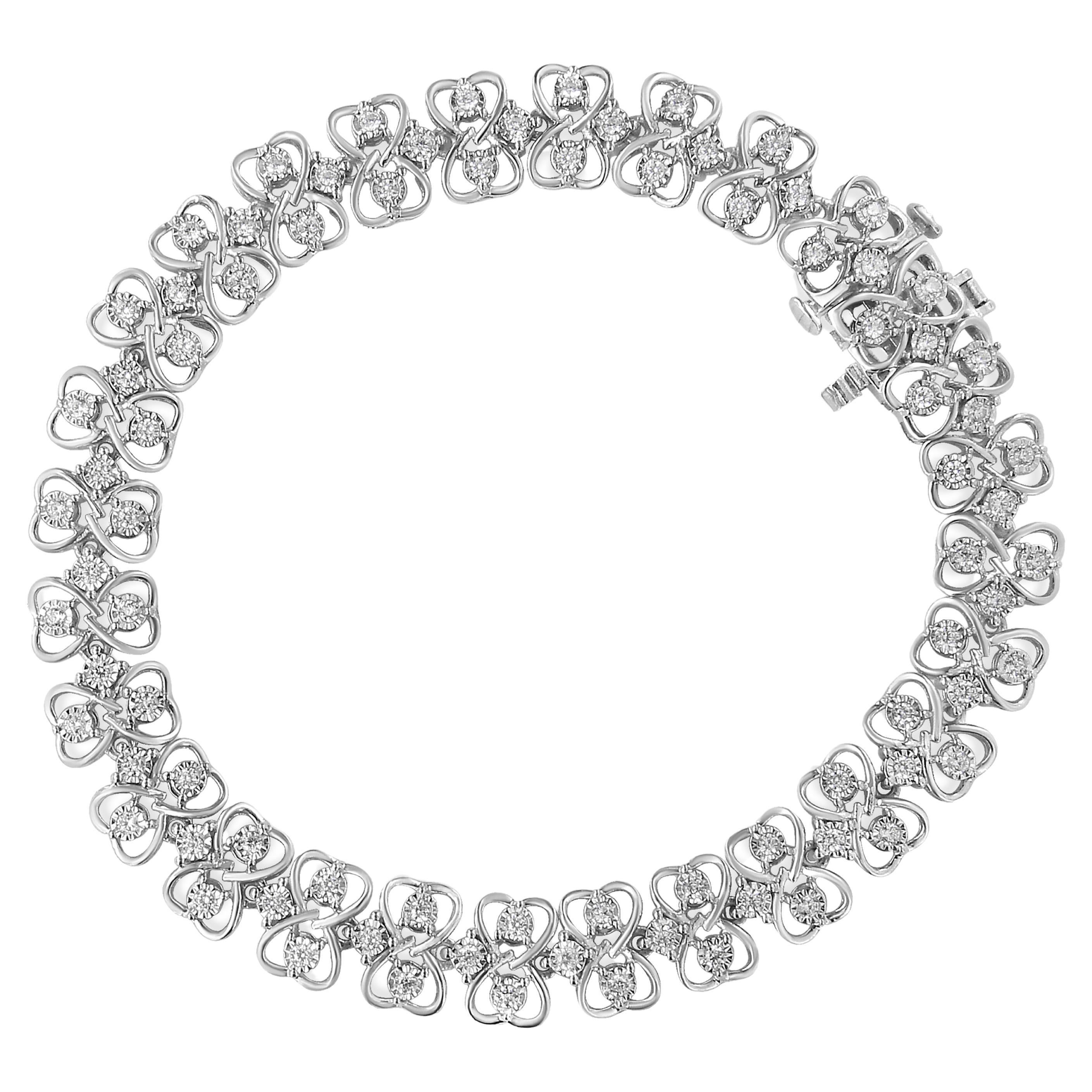 .925 Sterling Silver 1.0 Carat Round Diamond 2-Row Heart Link Tennis Bracelet For Sale