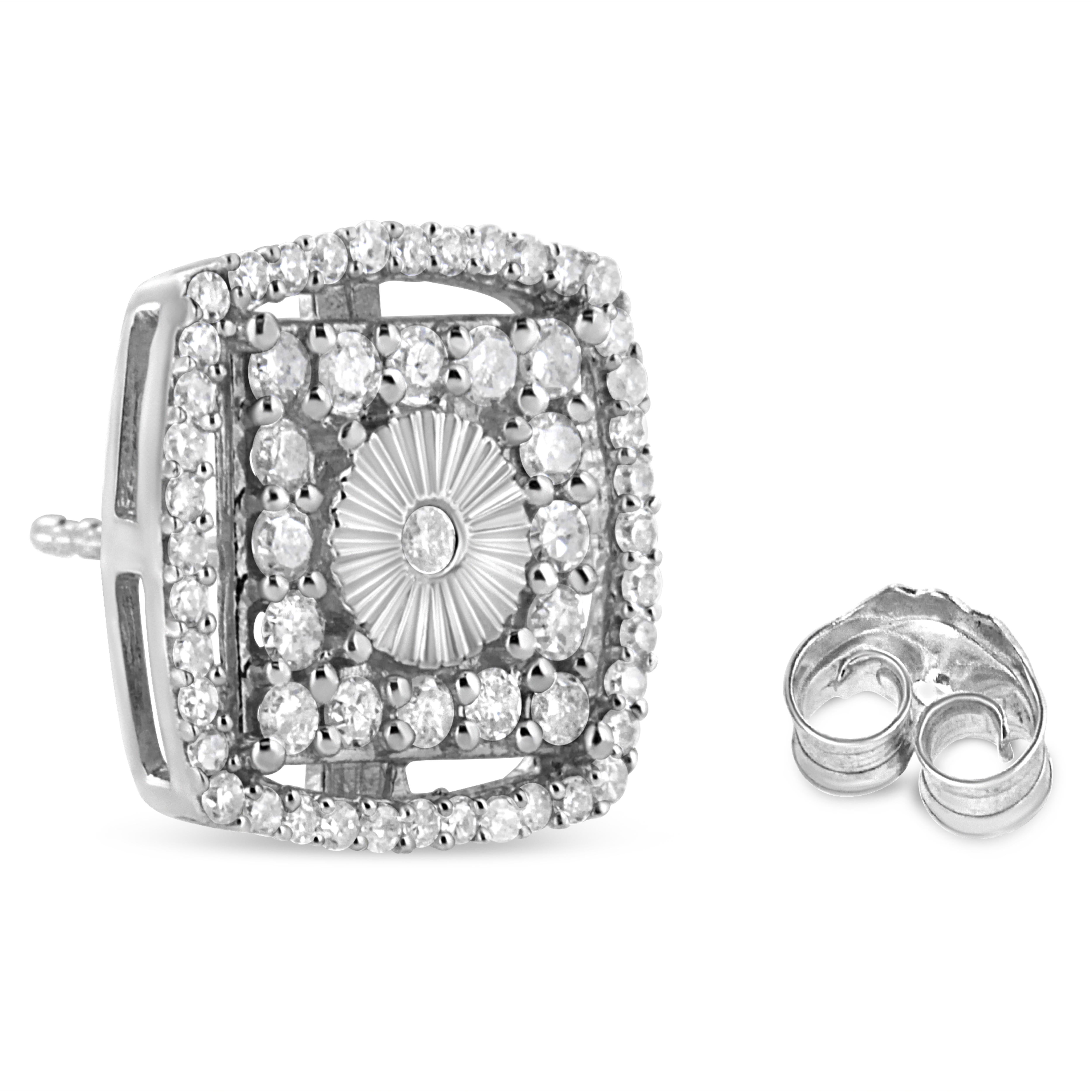 Contemporary .925 Sterling Silver 1.0 Carat Round Diamond Double Halo and Disc Stud Earrings For Sale