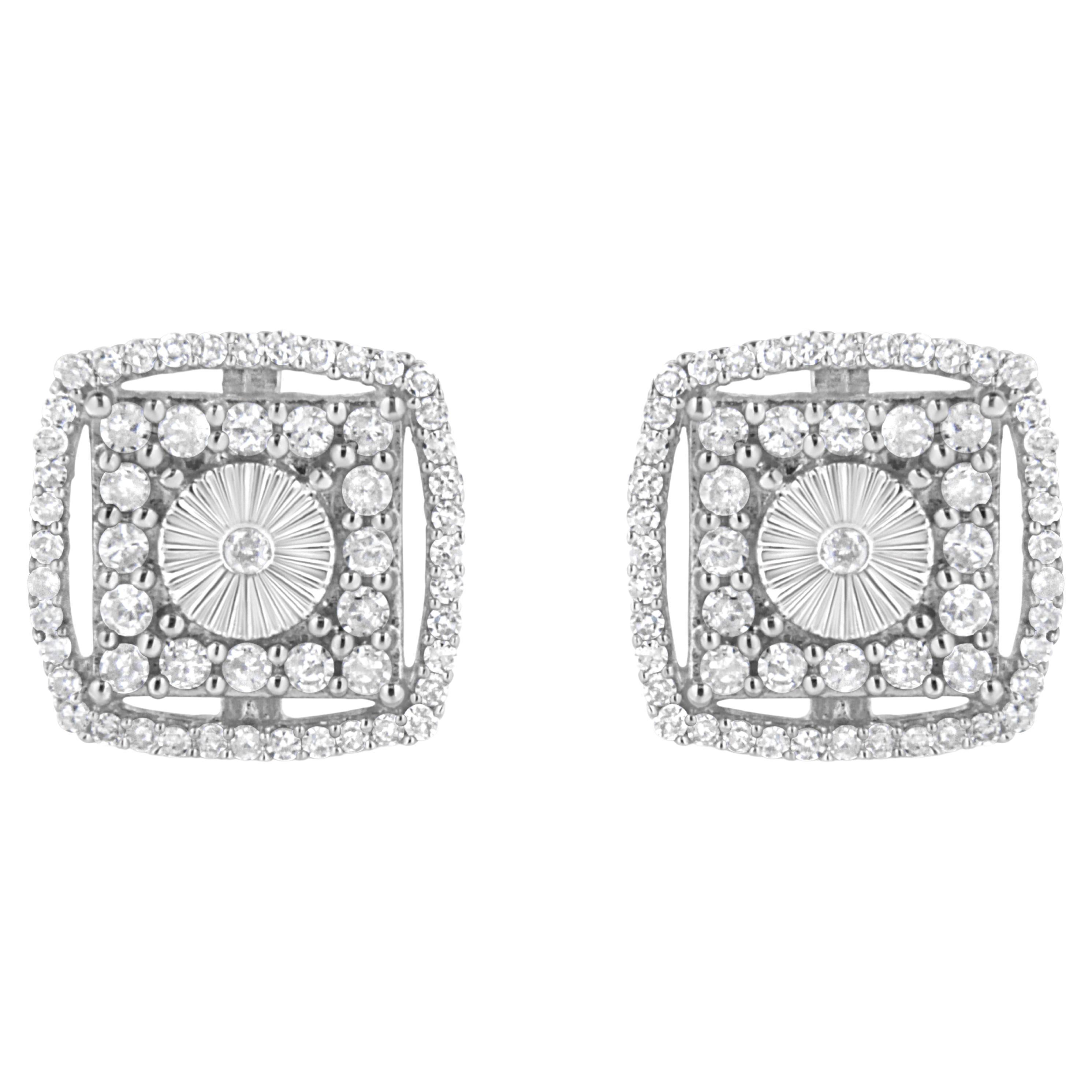 .925 Sterling Silver 1.0 Carat Round Diamond Double Halo and Disc Stud Earrings For Sale