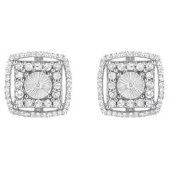 .925 Sterling Silver 1.0 Carat Round Diamond Double Halo and Disc Stud Earrings