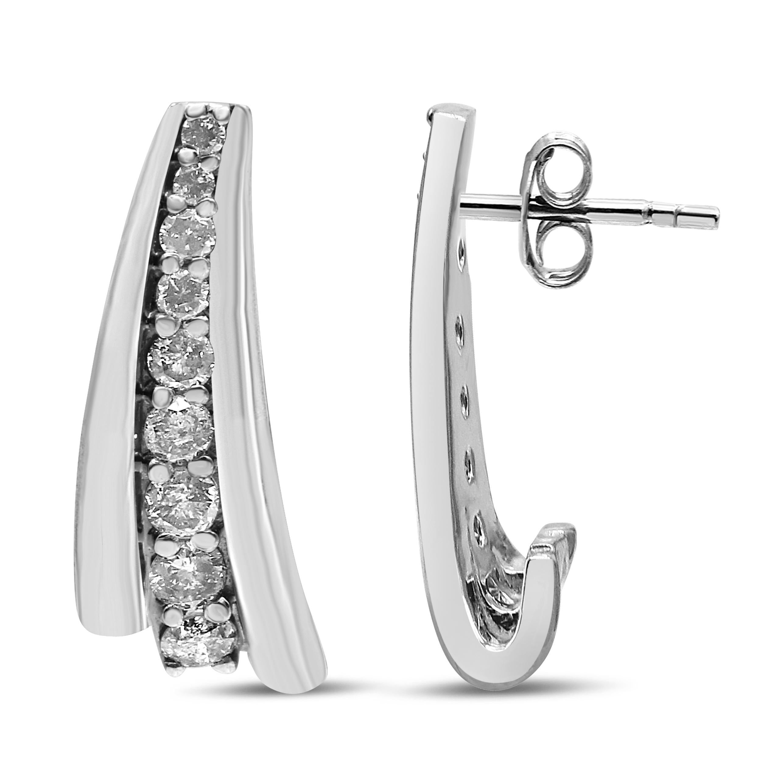 Contemporary .925 Sterling Silver 1.0 Carat Round Diamond Graduated Huggie Earrings For Sale