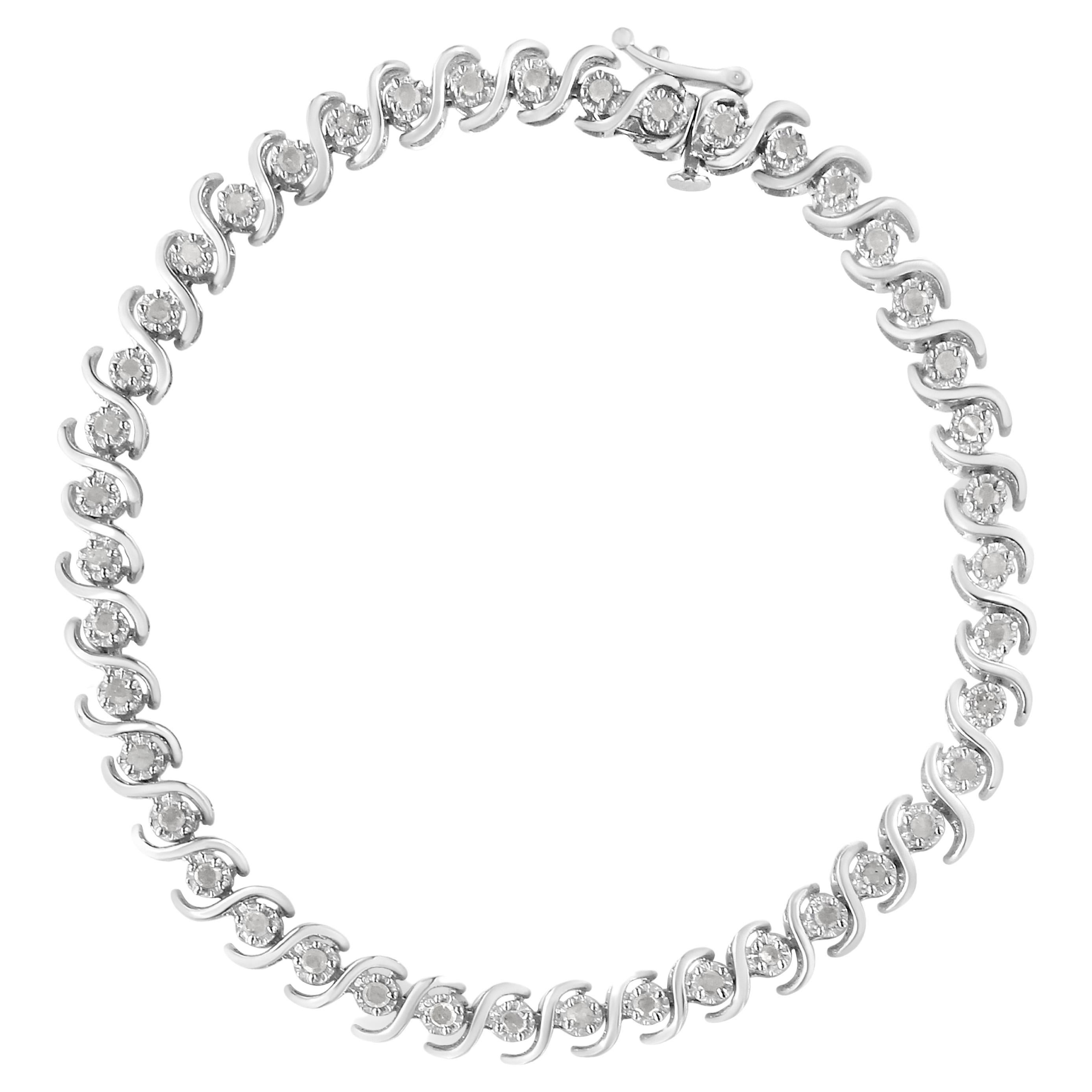 .925 A. Silver Bracciale da tennis con diamanti tondi incastonati a miracolo da 1,0 carati