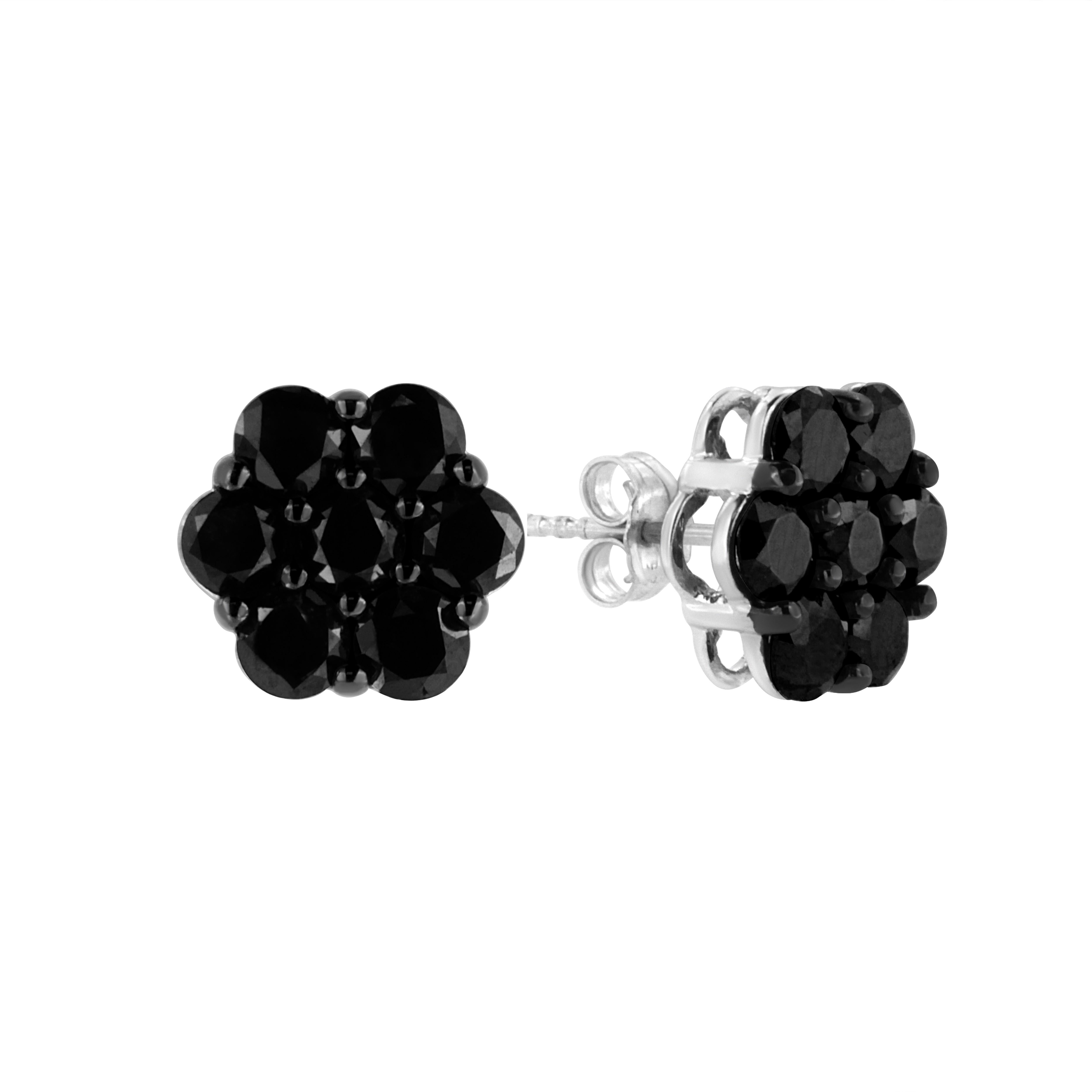 Contemporary .925 Sterling Silver 1.0 Carat Treated Black Diamond Floral Cluster Stud Earring For Sale