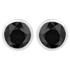 .925 Sterling Silver 1.0 Carat Treated Black Diamond Solitaire Bezel Earrings