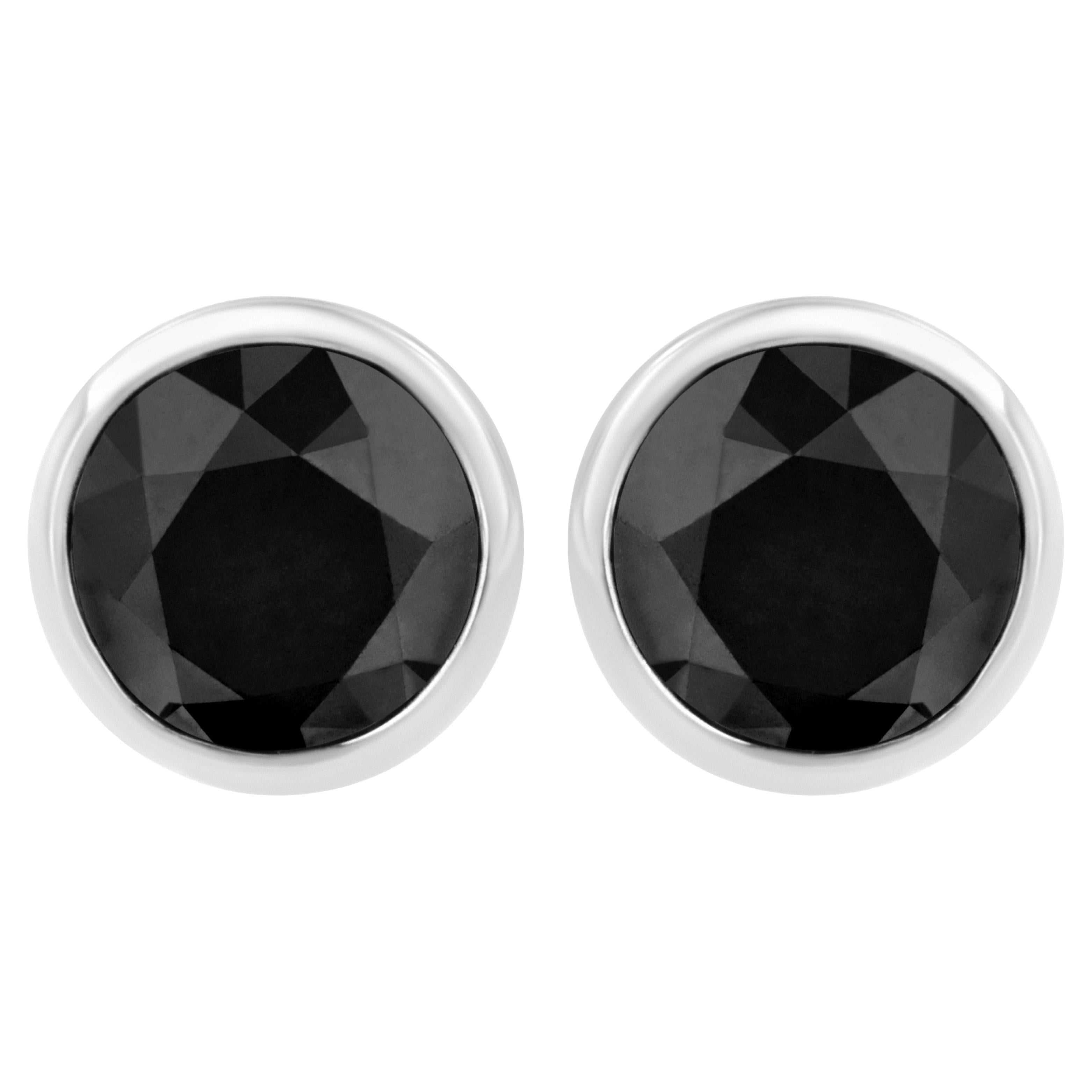 .925 Sterling Silver 1.0 Carat Treated Black Diamond Solitaire Bezel Earrings For Sale