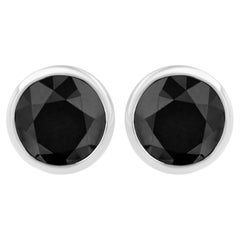 .925 Sterling Silver 1.0 Carat Treated Black Diamond Solitaire Bezel Earrings