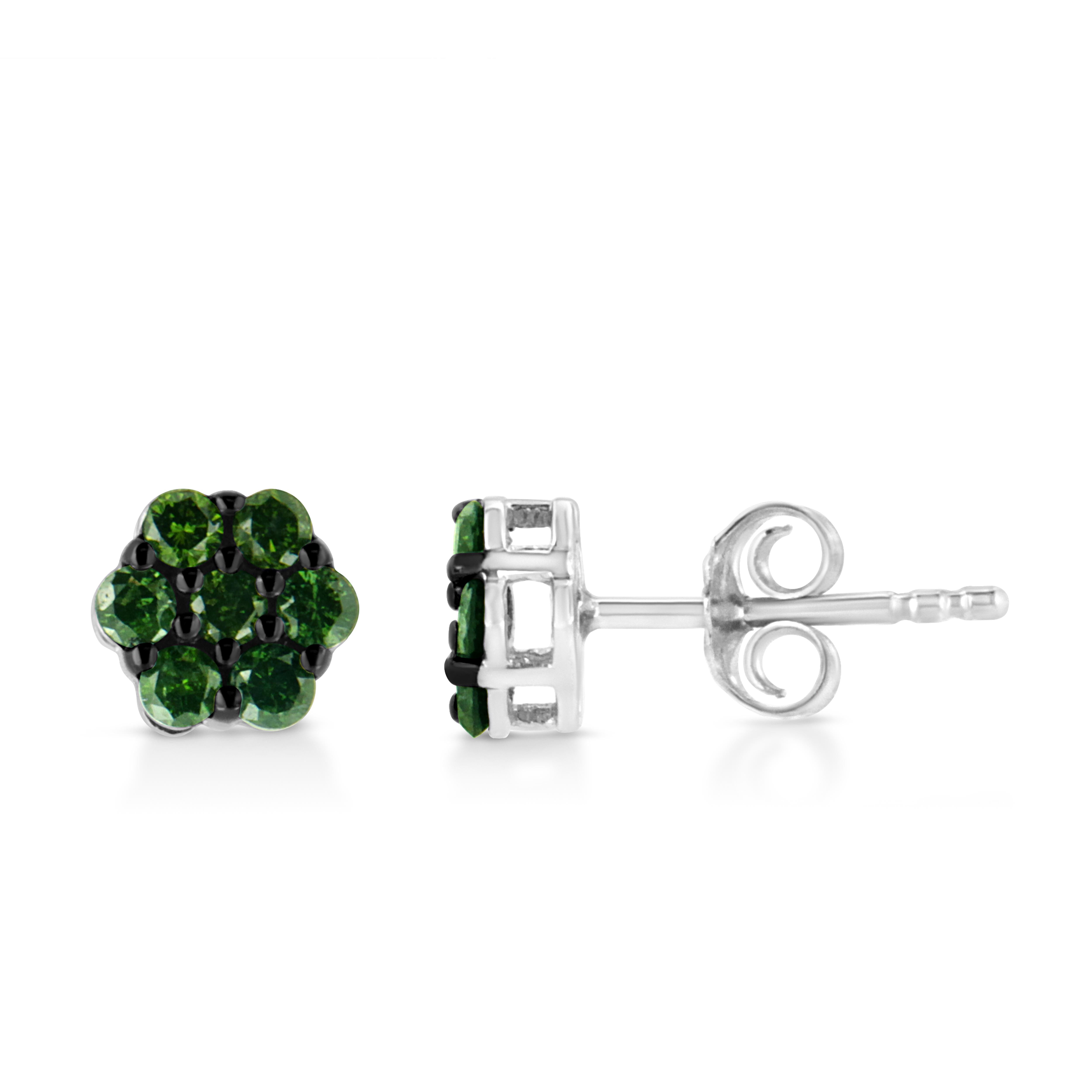 You will fall in love with these classic cluster stud earrings. A must have for any serious jewelry collection, these .925 sterling earrings boast an impressive 1.0 carat total weight of treated green	 diamonds with seven stones each. The earrings