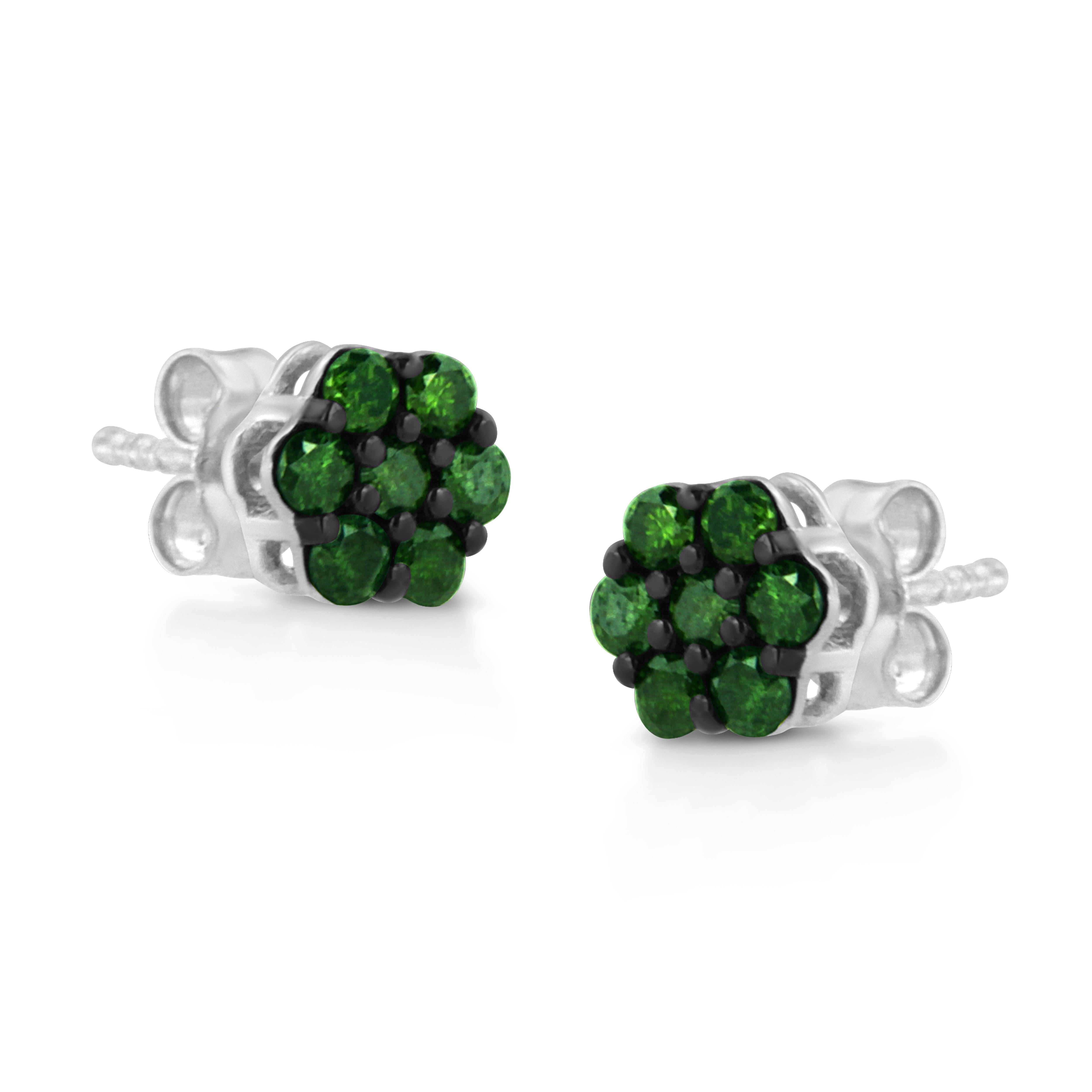 Contemporary .925 Sterling Silver 1.0 Carat Treated Green Diamond Floral Stud Earrings