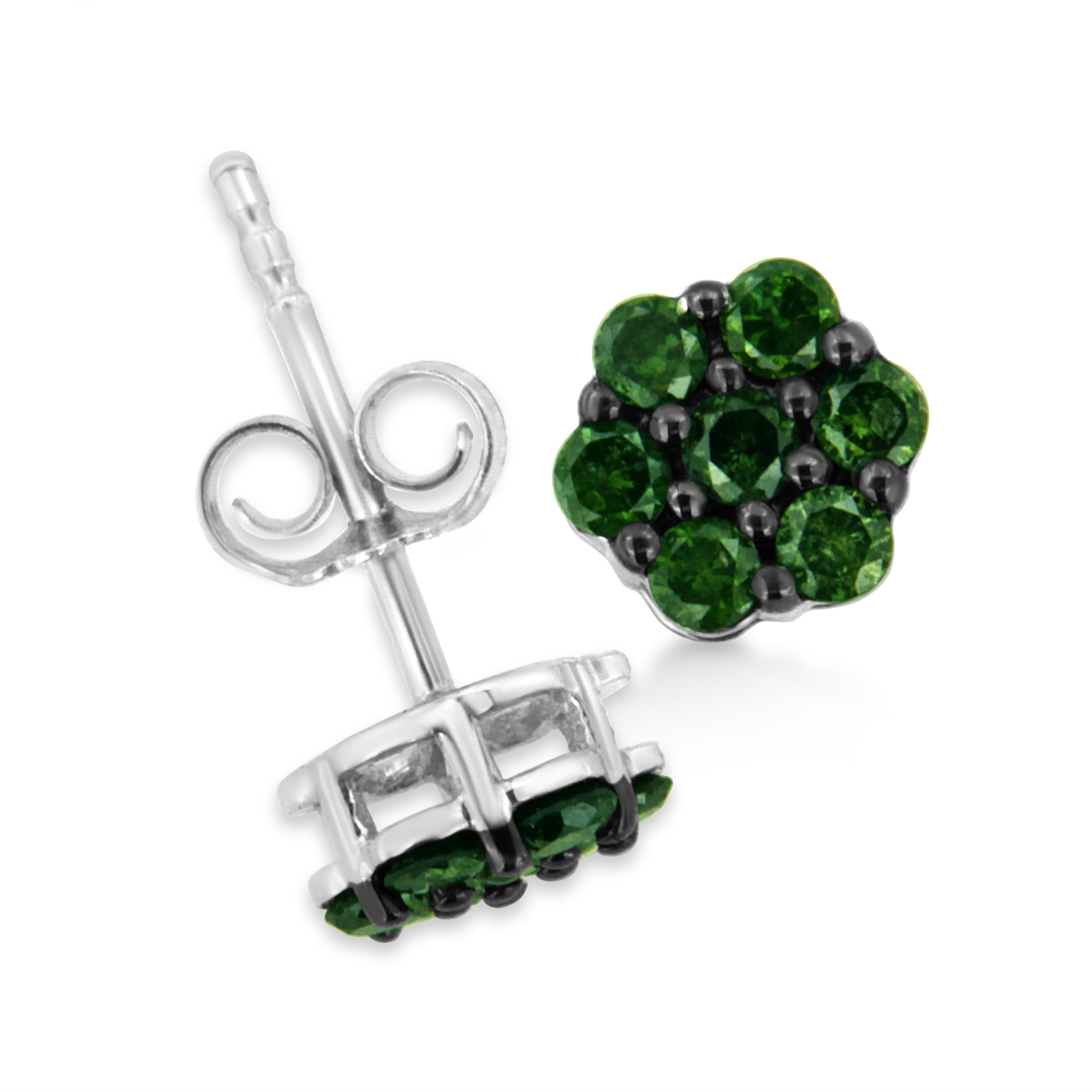 .925 Sterling Silver 1.0 Carat Treated Green Diamond Floral Stud Earrings In New Condition In New York, NY