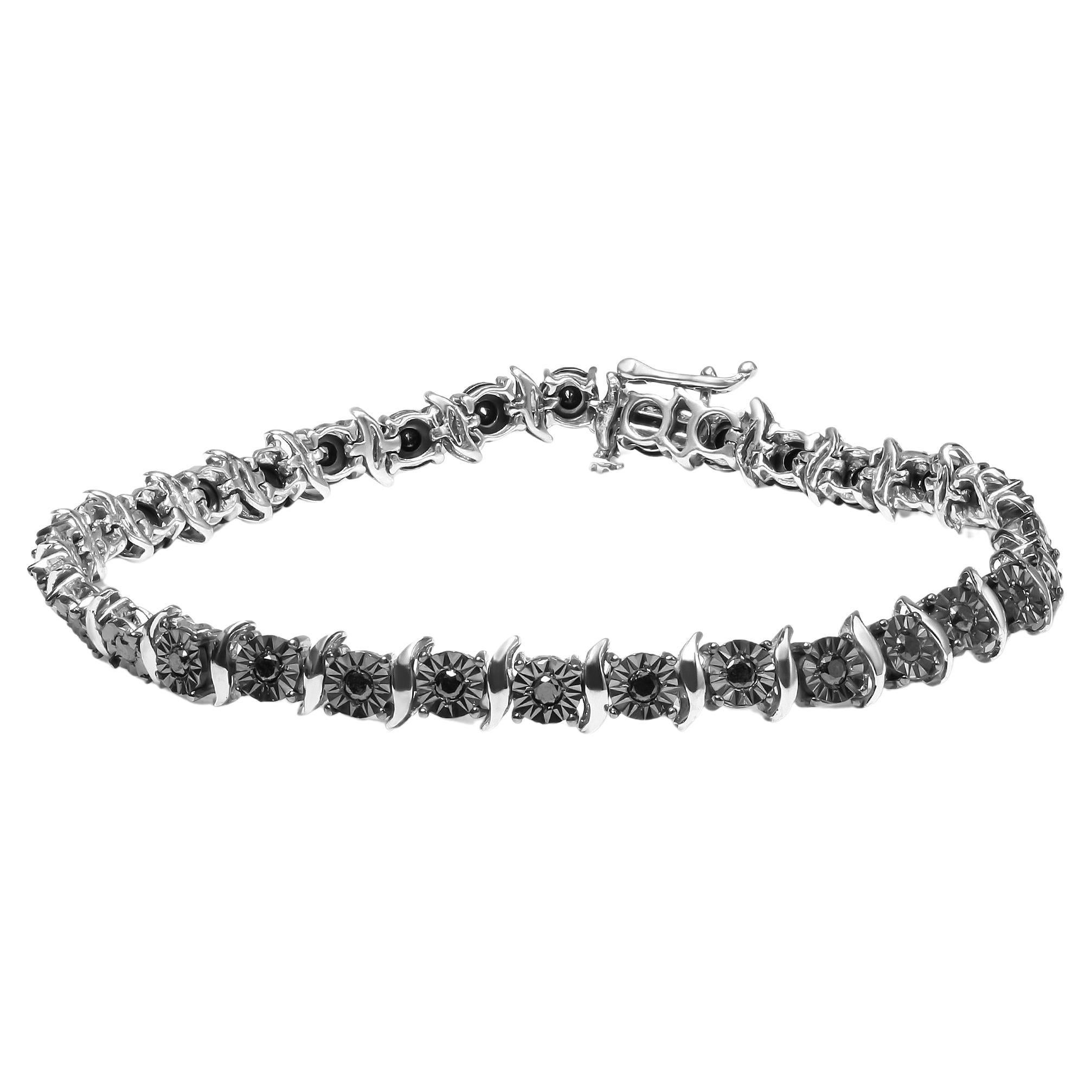 .925 Sterling Silver 1.0 Cttw Black Treated Diamond S-Curve Link Tennis Bracelet For Sale