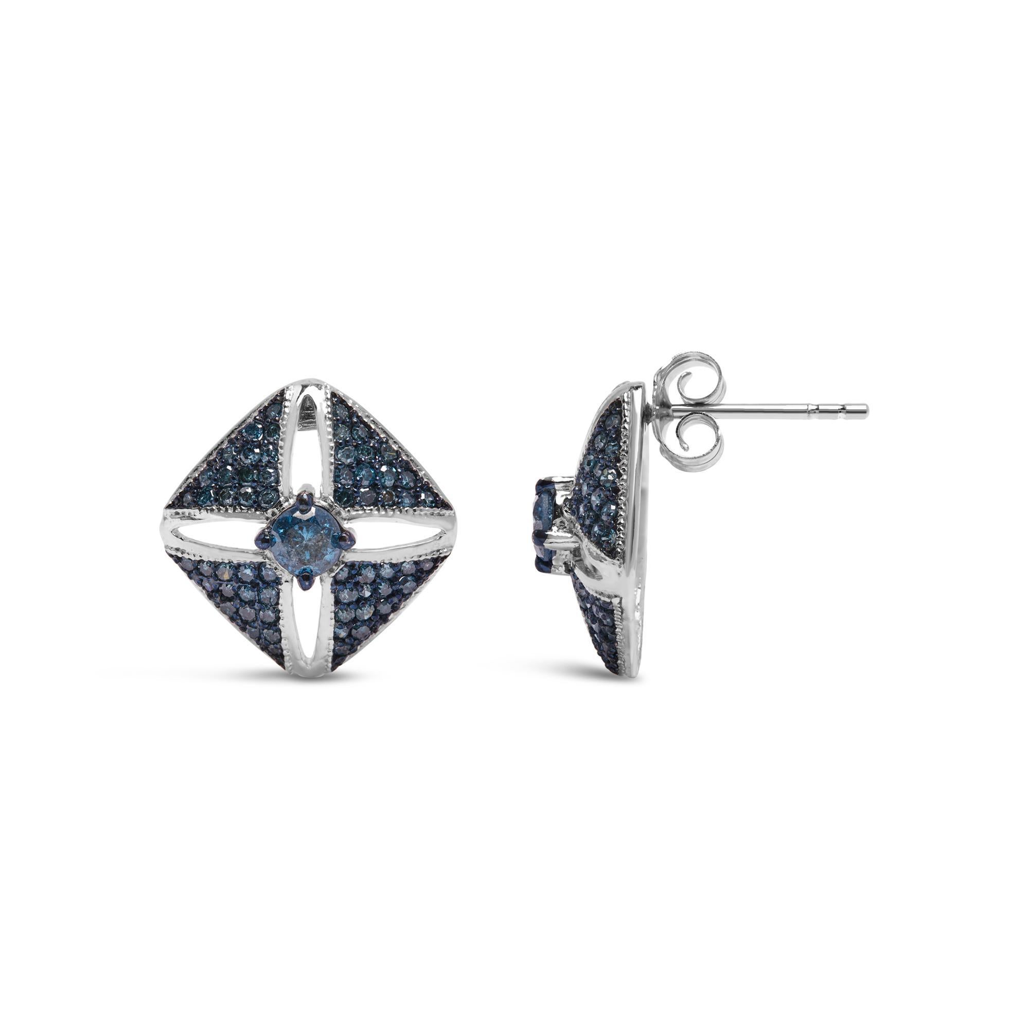 Moderno Orecchino a rombo tempestato di diamanti in argento 925 con trattamento blu da 1,0 cttw in vendita