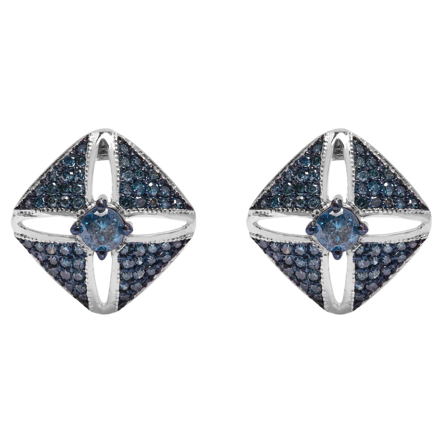 .925 Sterling Silver 1.0 Cttw Blue Treated Diamond Studded Rhombus Stud Earring