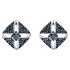 .925 Sterling Silver 1.0 Cttw Blue Treated Diamond Studded Rhombus Stud Earring