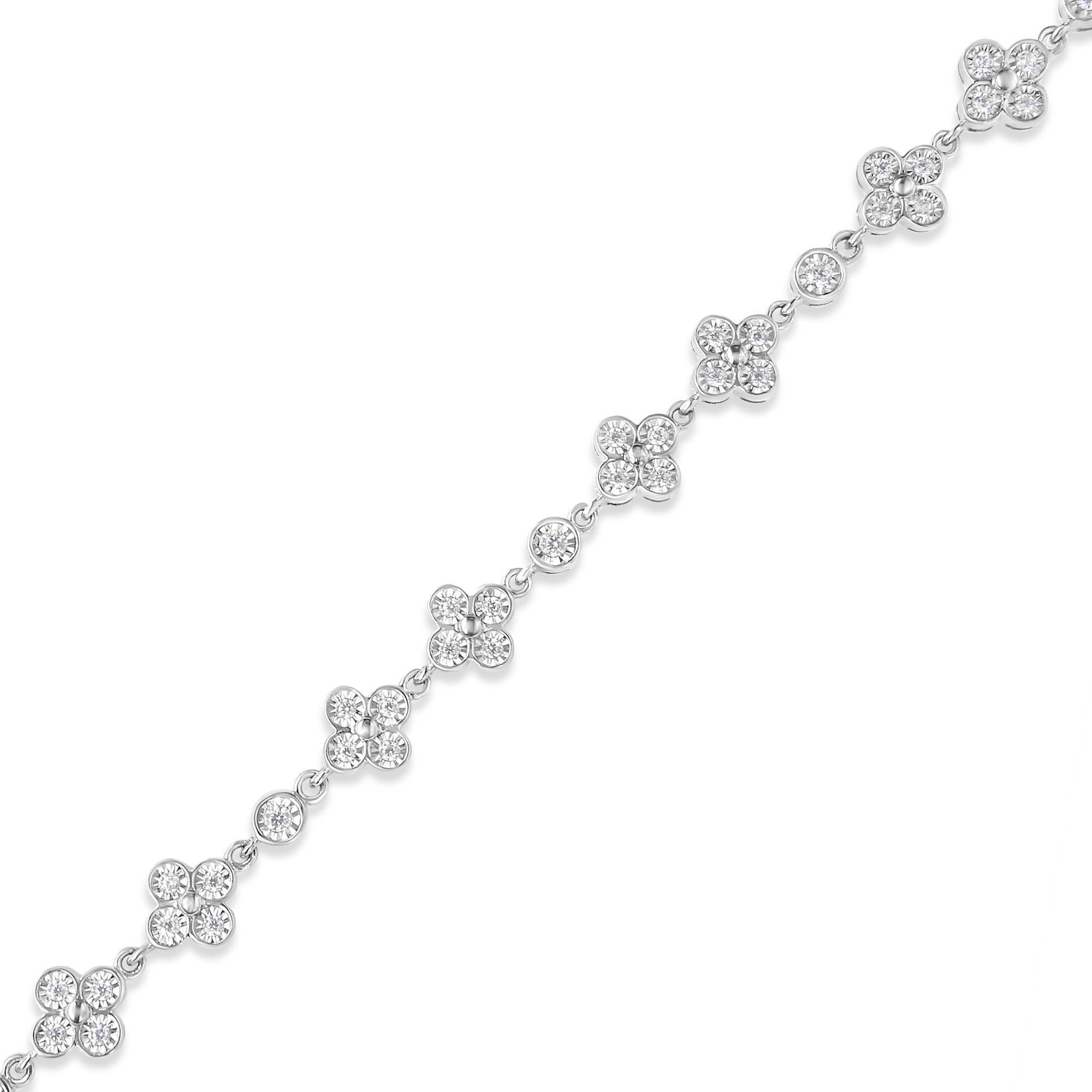 .925 Plata de Ley 1,0 qt Diamante 4 Hojas y Solitario Estación Pulsera Link Moderno en venta