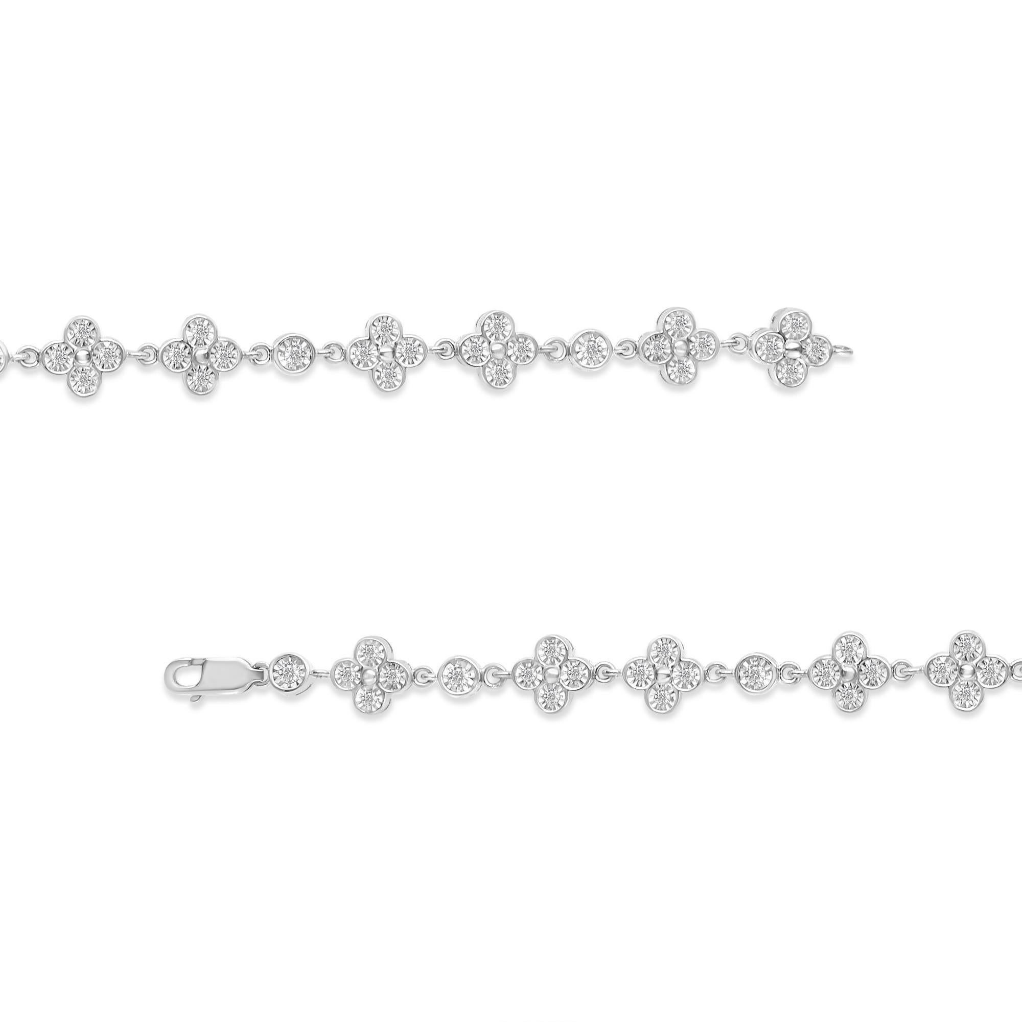 .925 Plata de Ley 1,0 qt Diamante 4 Hojas y Solitario Estación Pulsera Link Corte redondo en venta
