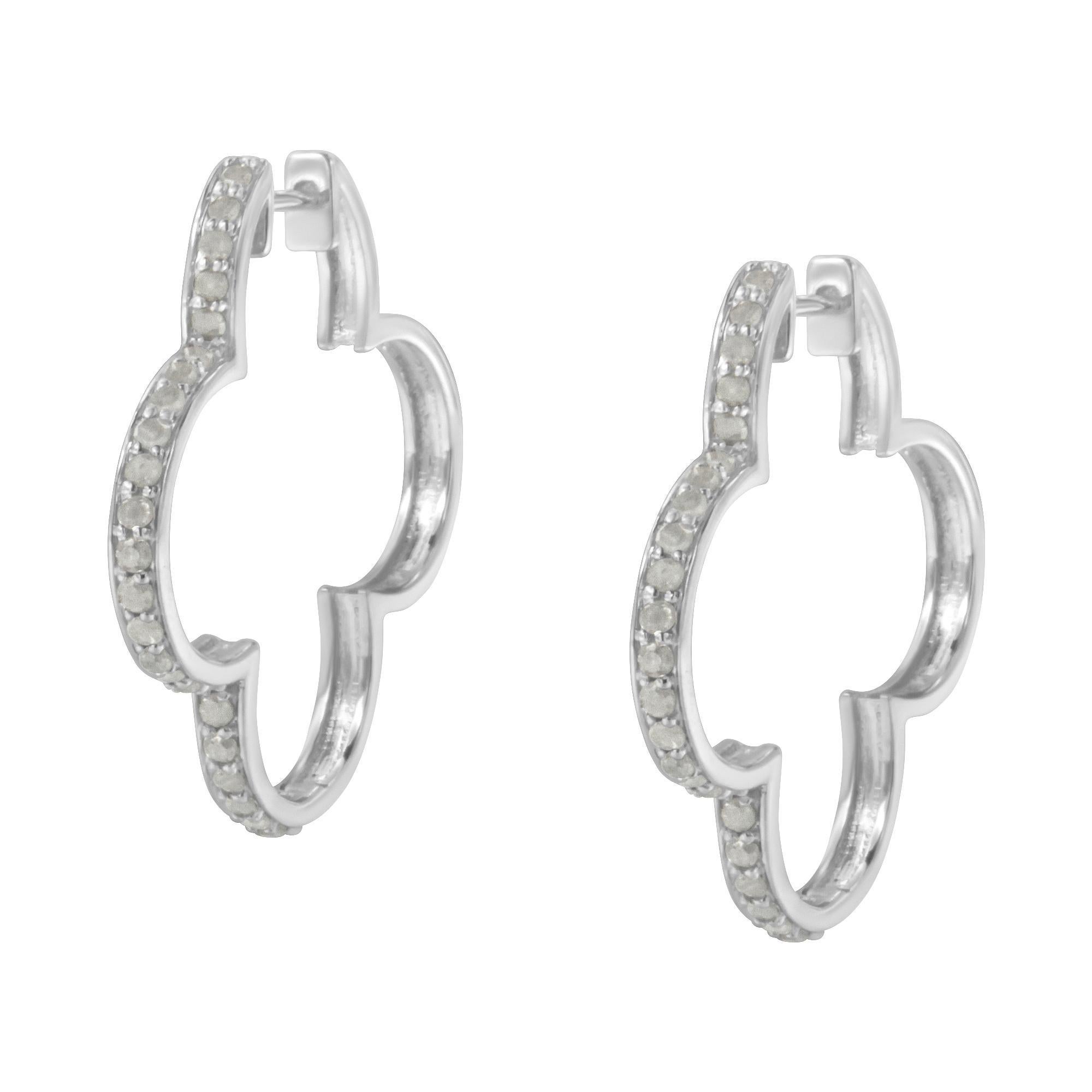 Modern .925 Sterling Silver 1.0 cttw Diamond 4 Leaf Clover Shape Hoop Earrings For Sale